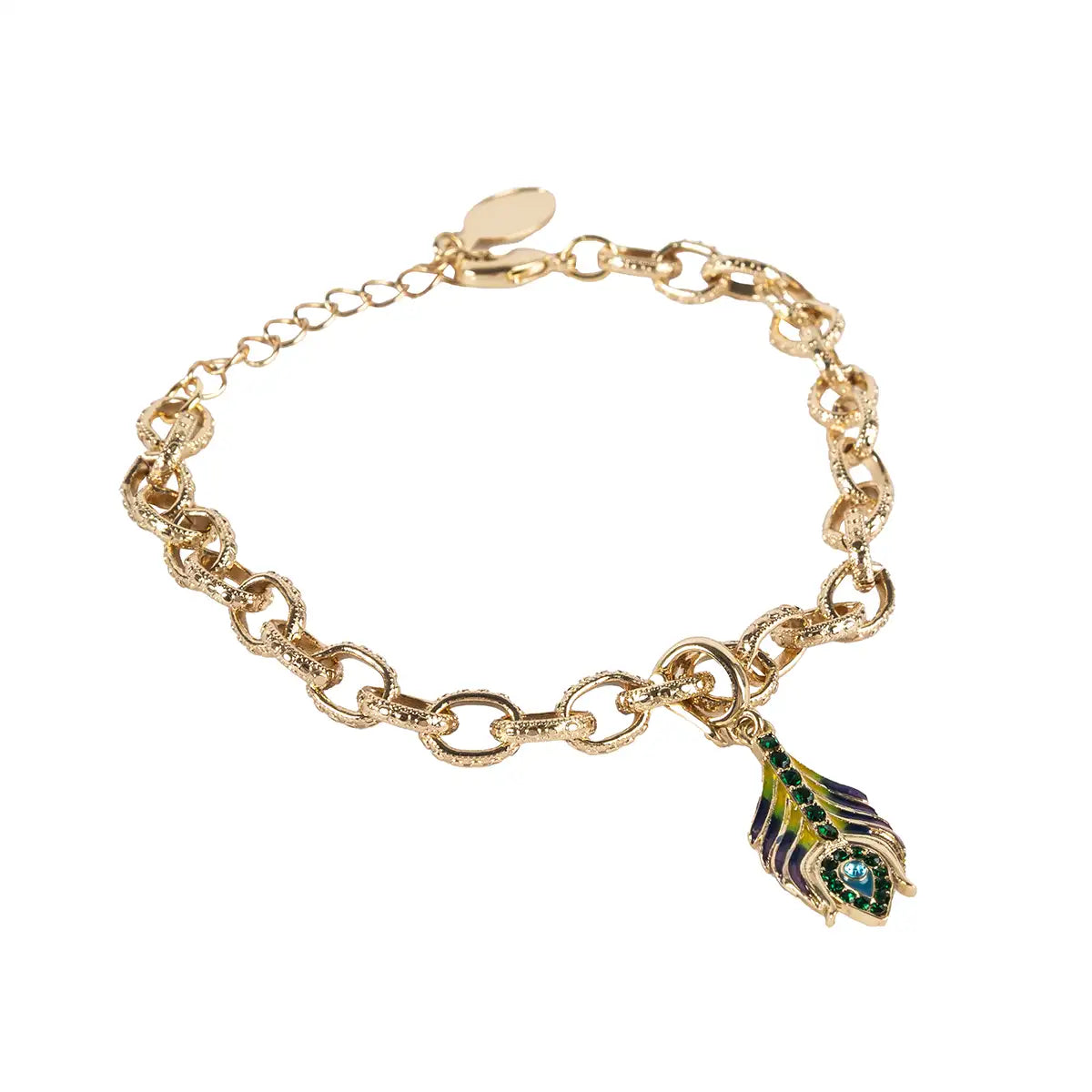 Gold bracelet with a peacock feather charm on a white background
