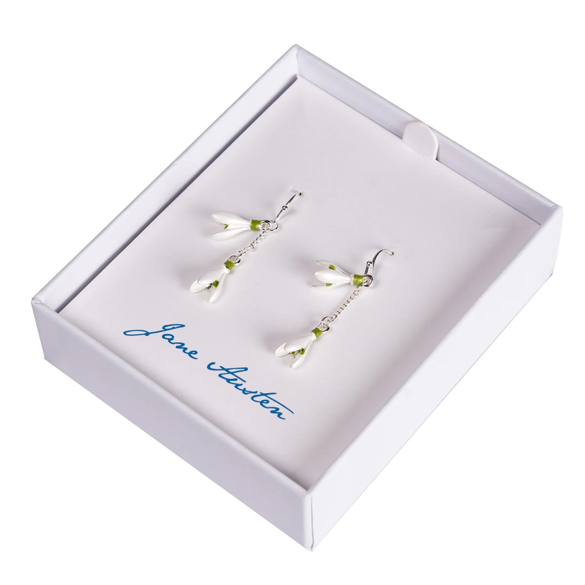Snowdrop earrings in a Jane Austen branded gift box.