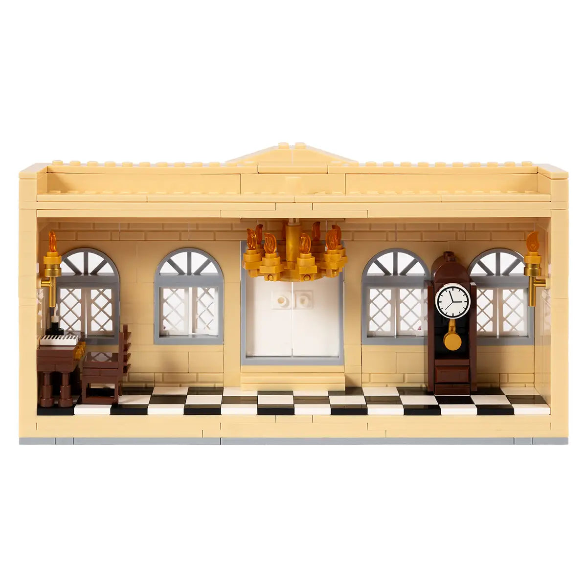 Interior shot of Lego style brick building toy of Pemberley from Pride and Prejudice featuring clock, chandelier, and writing desk