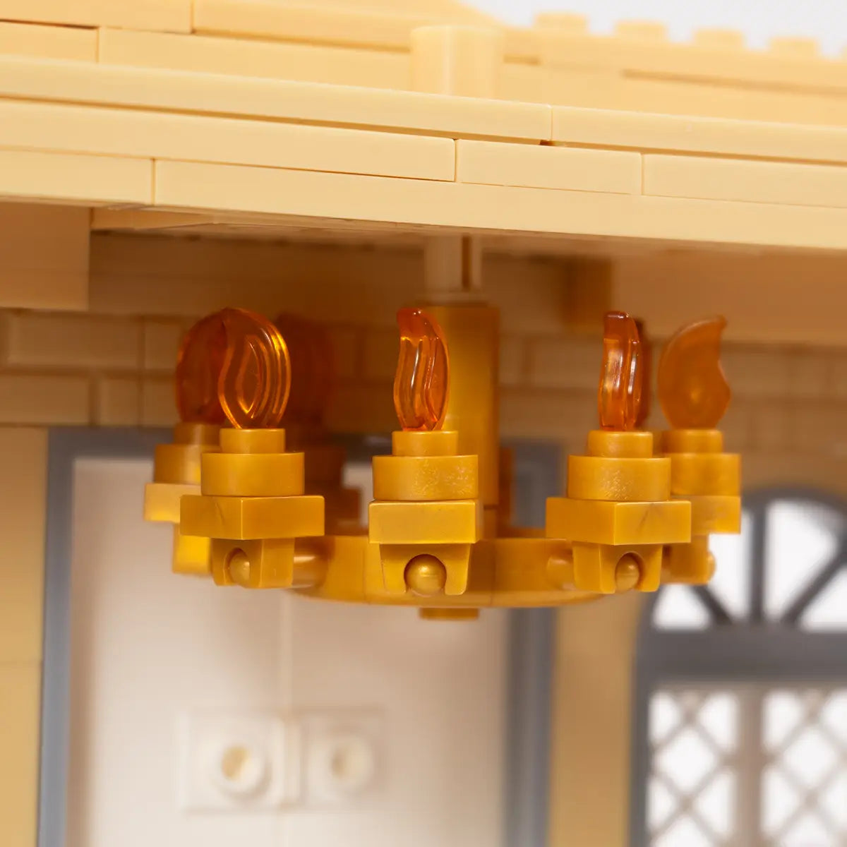 Close up shot of chandelier model in brick toy lego style pemberley