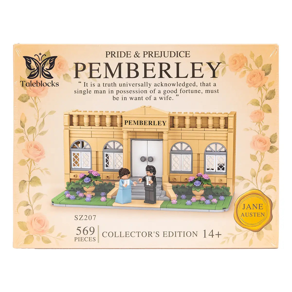 Front of box for Pride and Prejudice Pemberley Lego style brick building toy by Taleblocks