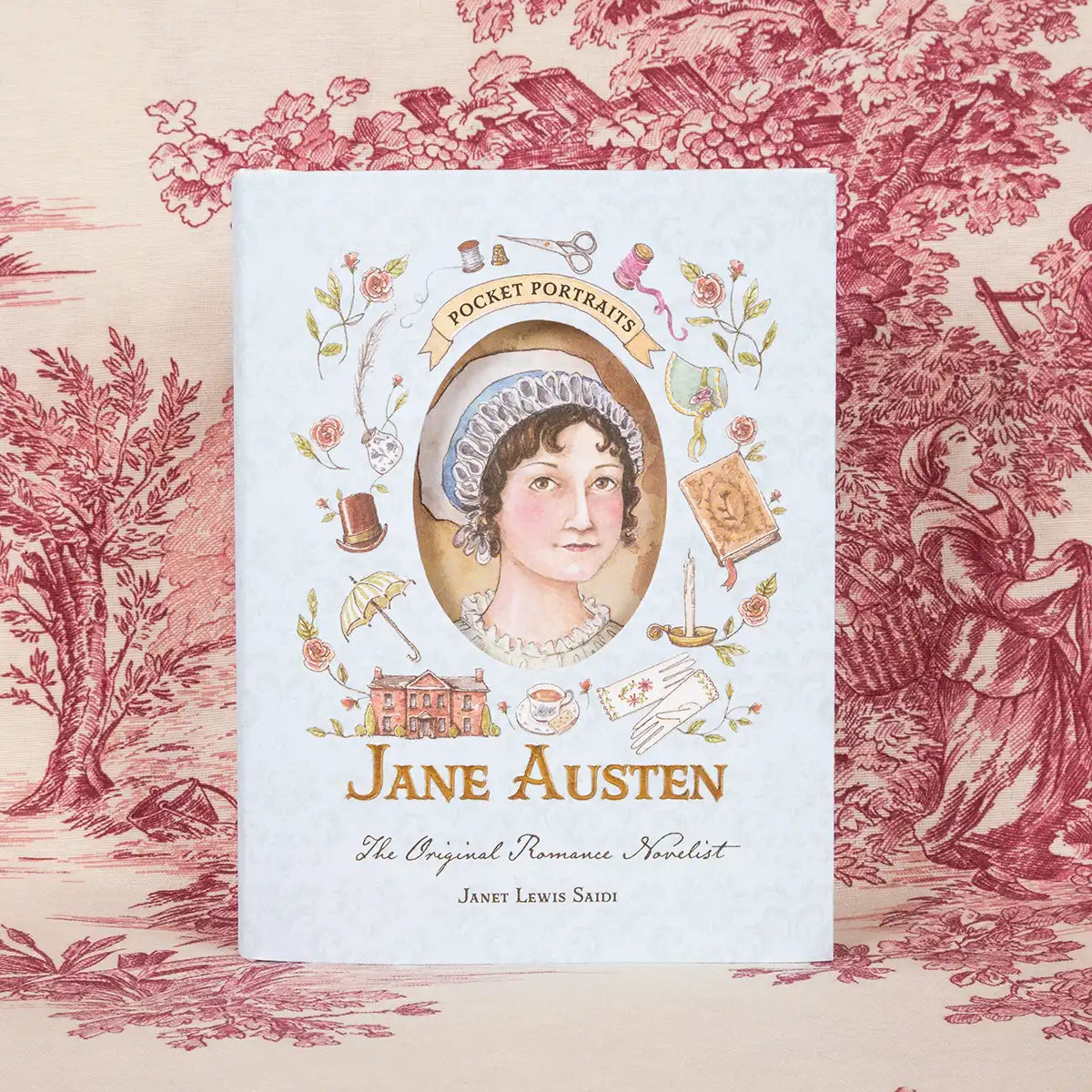 Book cover of 'Pocket Portraits: Jane Austen' with a decorative background
