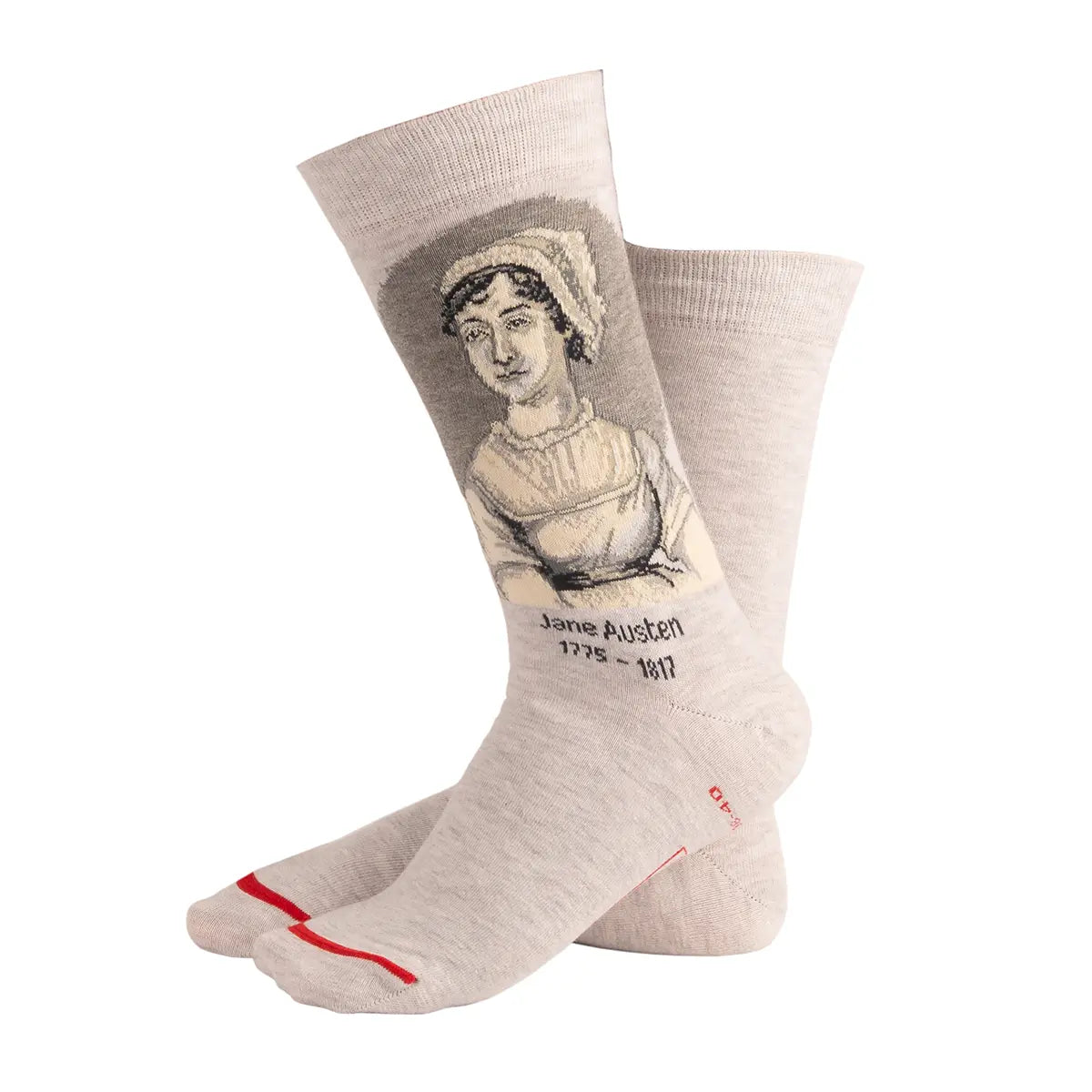 Jane Austen portrait socks being modelled on human feet