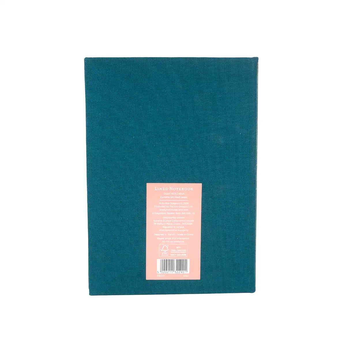 Teal book with a pink label on a white background