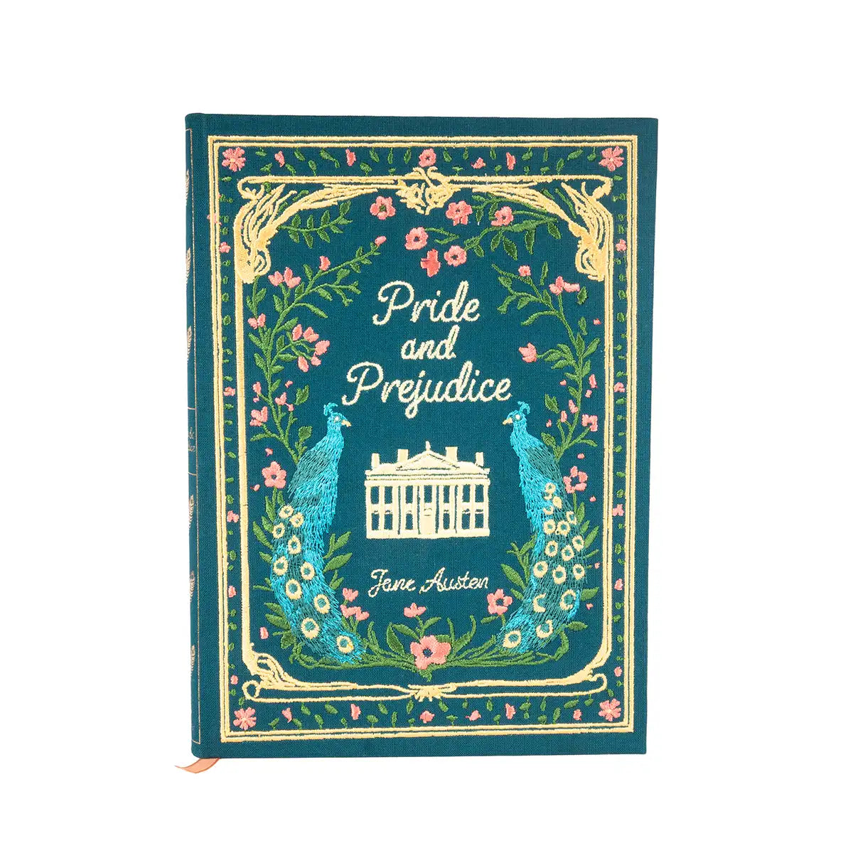 Journal of 'Pride and Prejudice' by Jane Austen with decorative design on a white background