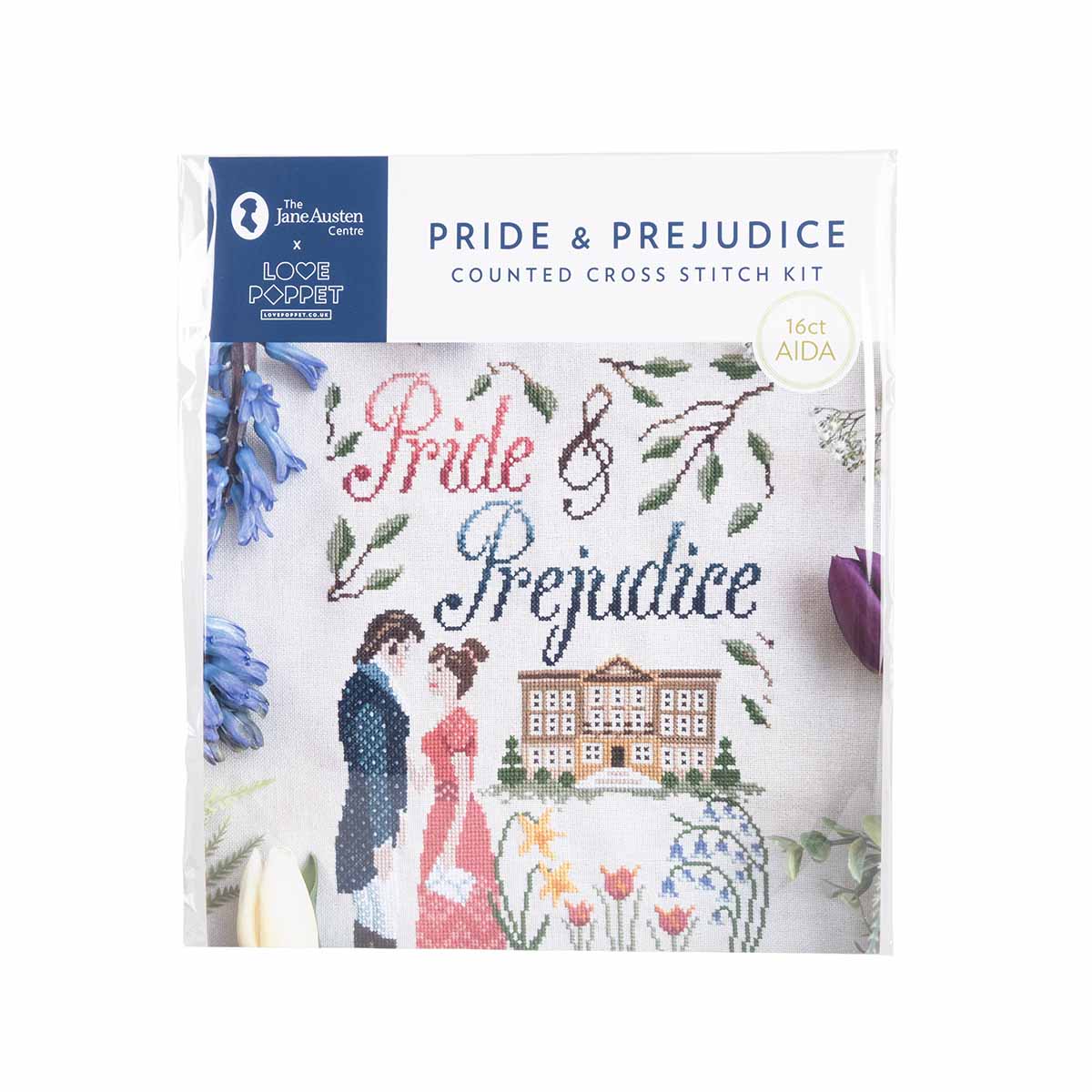 Pride and Prejudice cross stitch kit decorated in Pemberley, Lizzie and Darcy and bluebells. 