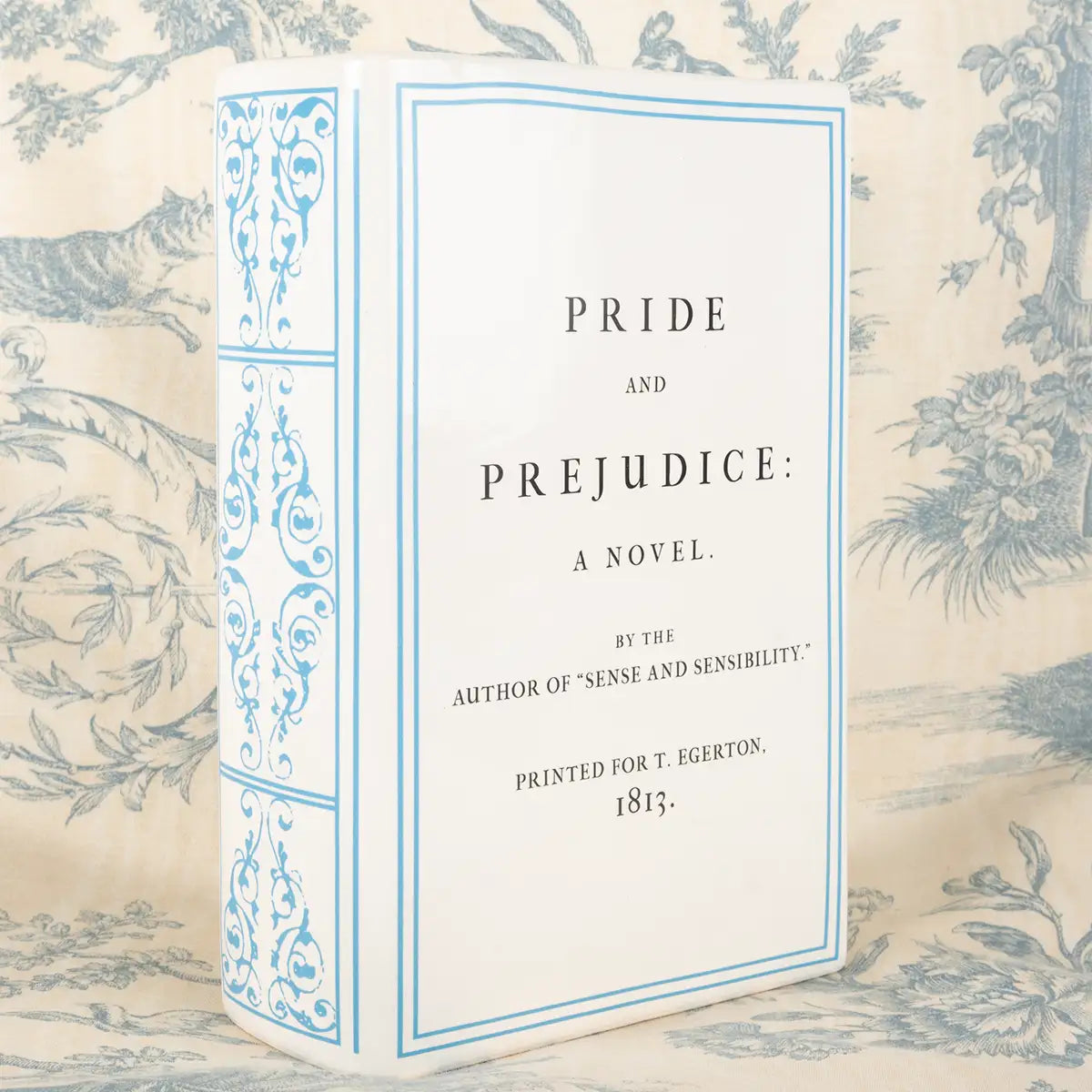 Close up angle of Pride and Prejudice vase.