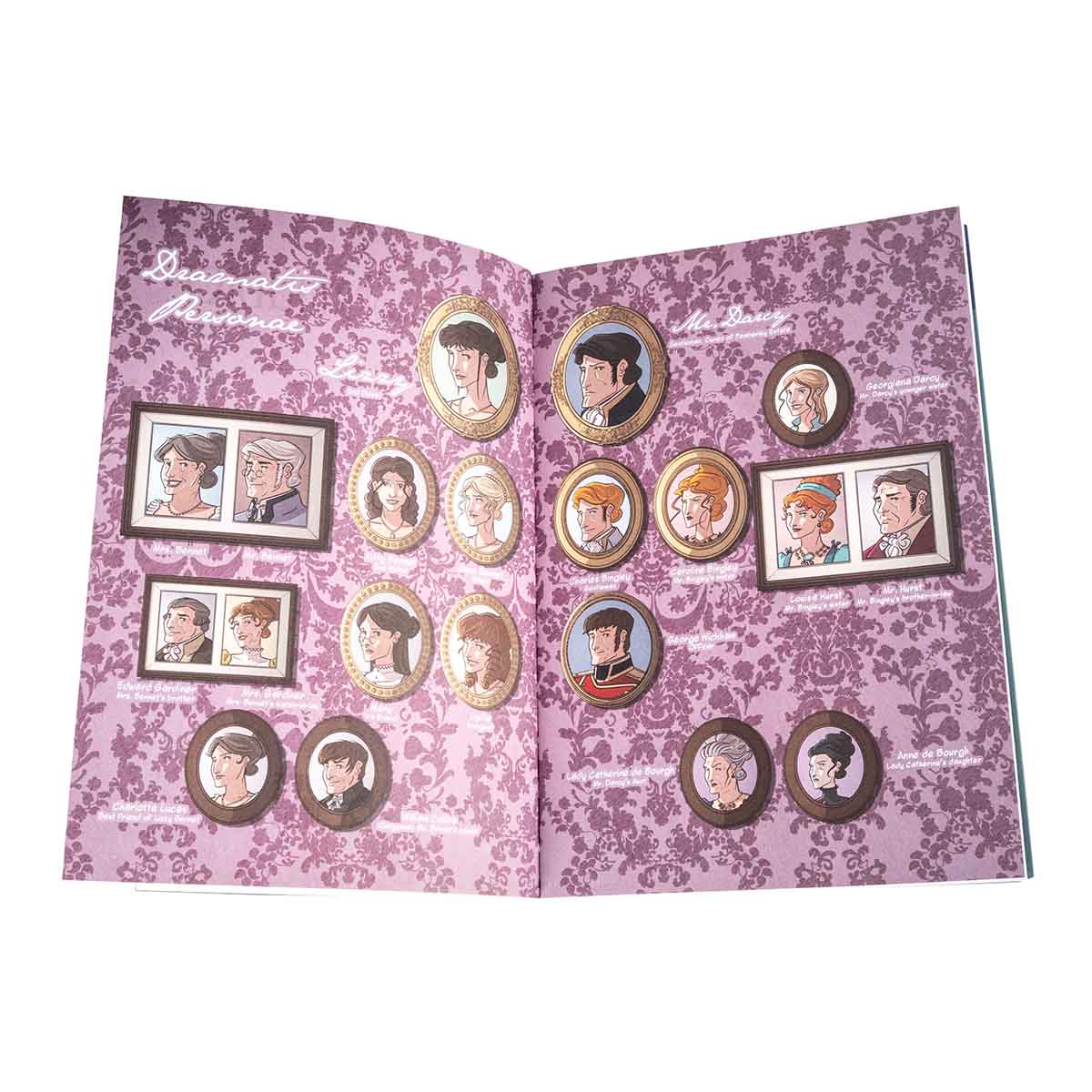 Family tree illustration, including the Bennets, Mr Darcy, Mr Collins, etc.
