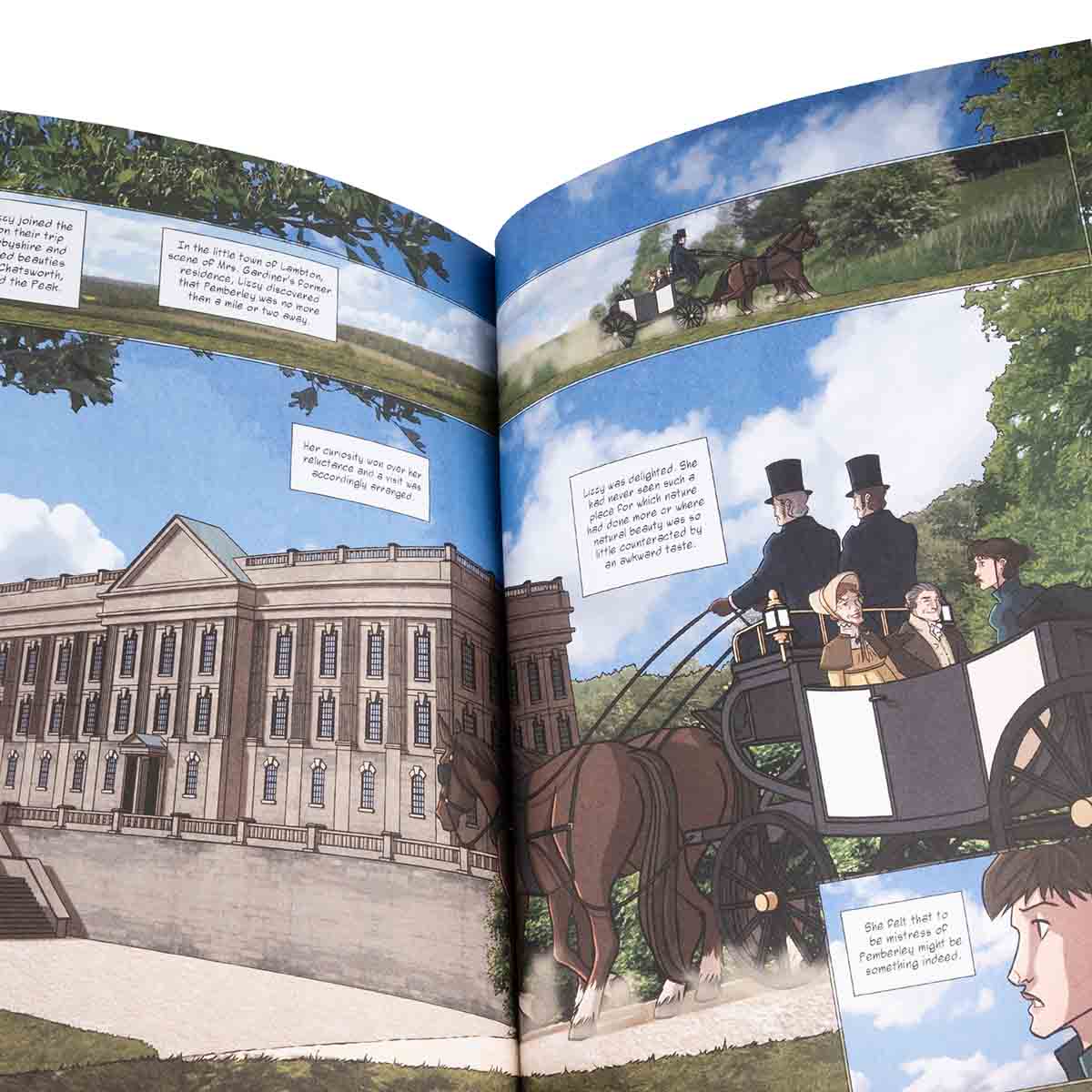 Inside spread illustration of Lizzy and her relatives in a carriage with Pemberley standing proudly in the background.