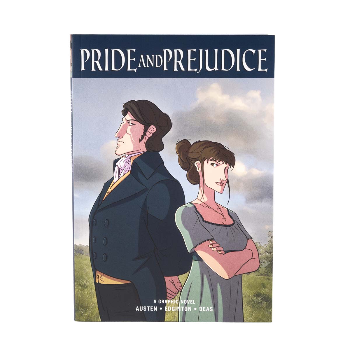 Front cover shows illustration of Lizzy and Mr Darcy standing back to back, Lizzy with her arms crossed, and both with stern faces. 