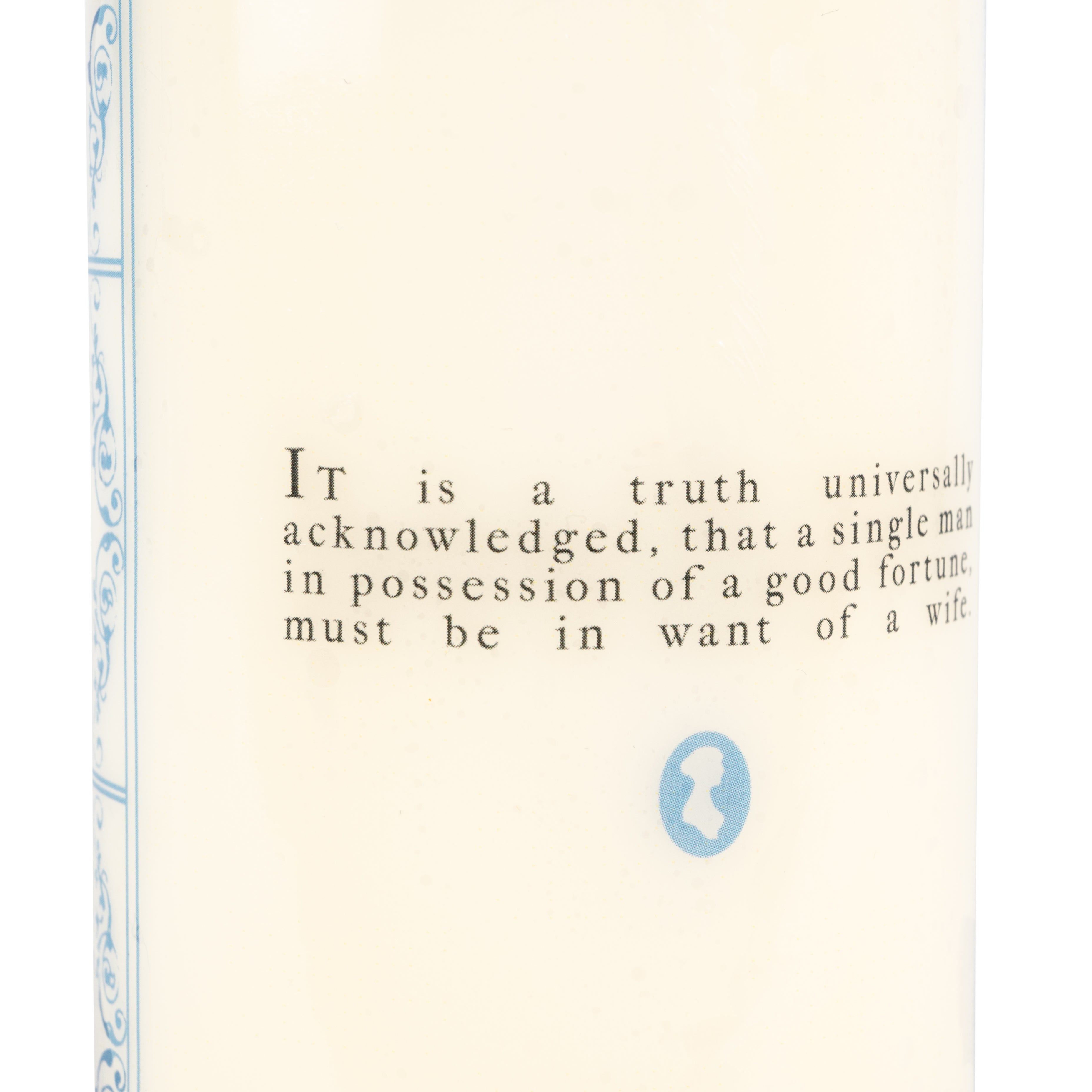 Closeup of Pride and Prejudice Quote on Pillar Candle