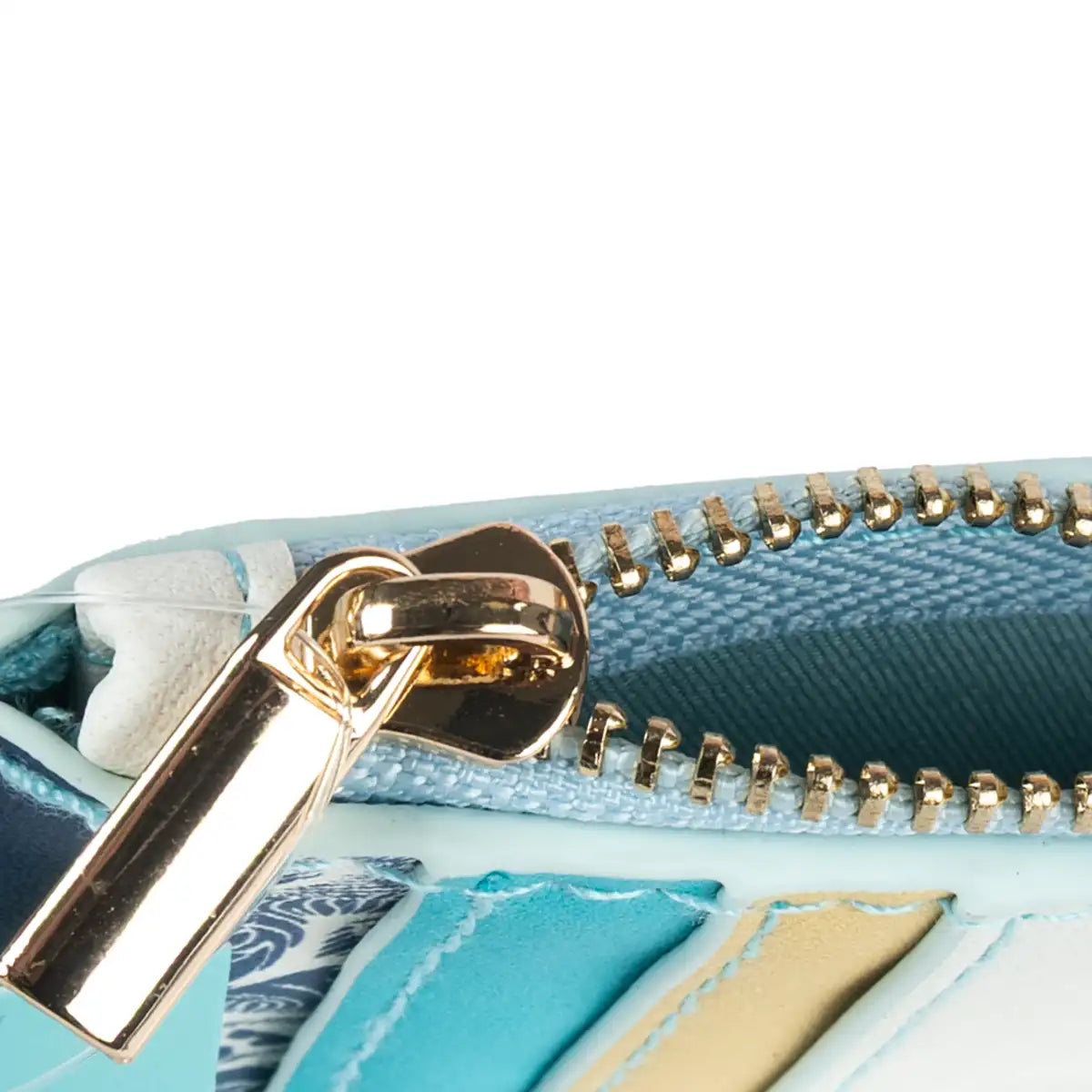 Close up of gold zip and inside of wallet