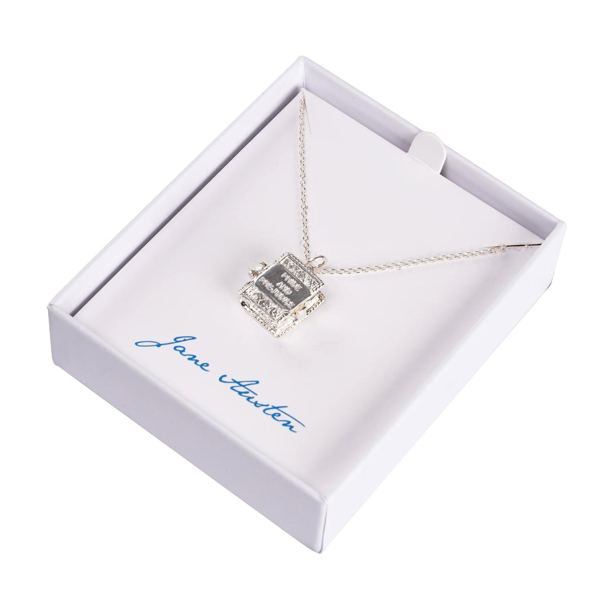 Silver Pride and Prejudice book charm on chain in Jane Austen branded gift box on a white background.