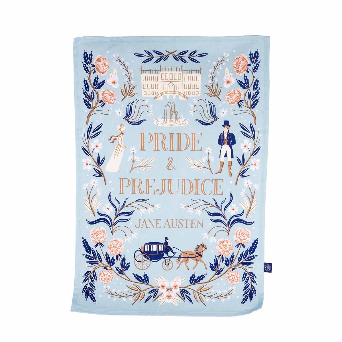 Tea towel decorated with 'Pride and Prejudice' and 'Jane Austen', surrounded by Pemberley, floral decorations and Regency illustrations. 