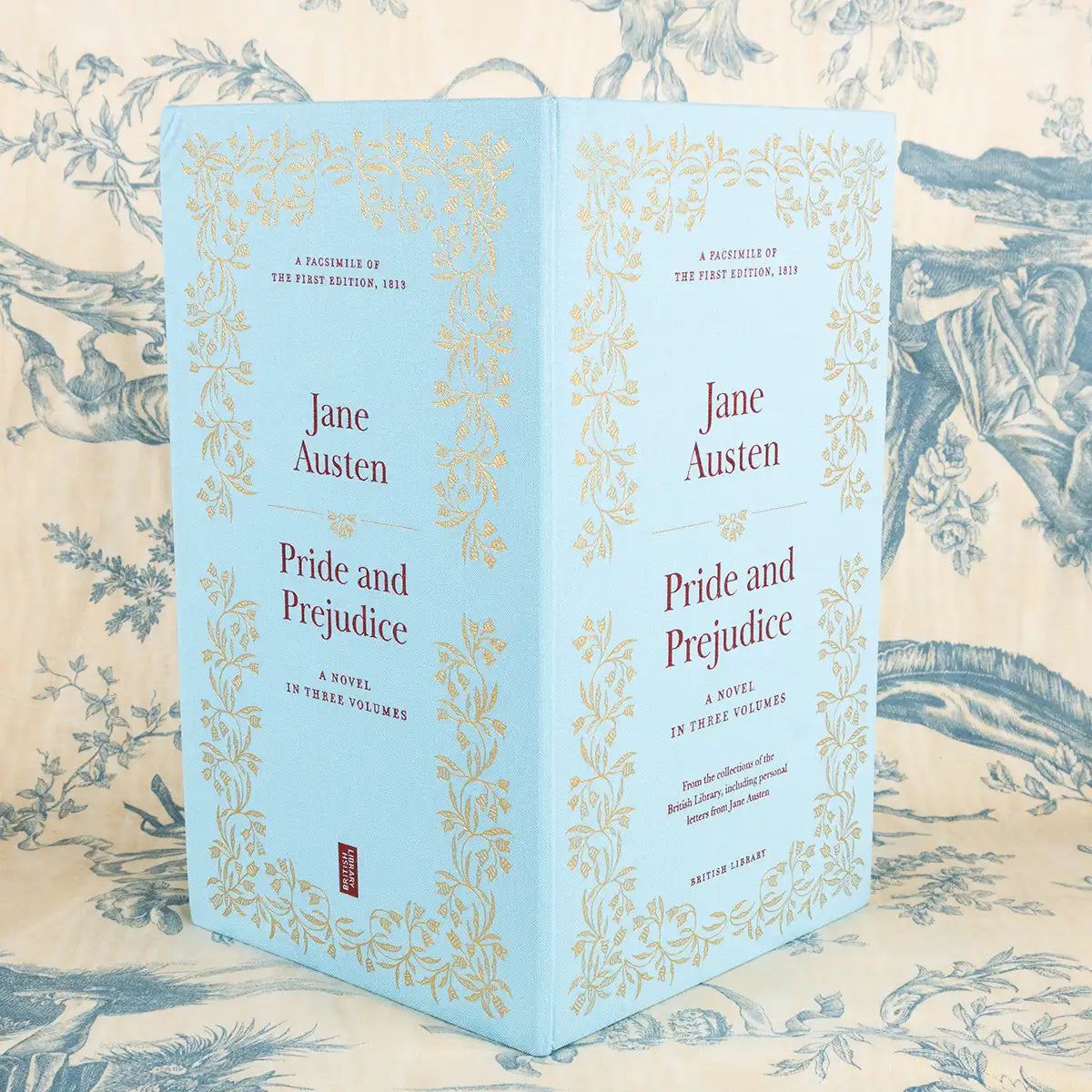 Book set titled 'Pride and Prejudice' by Jane Austen on a decorative background