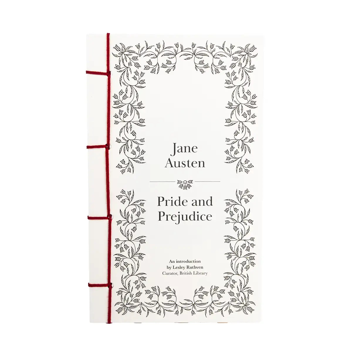 Book cover of 'Pride and Prejudice' by Jane Austen with decorative elements on a white background