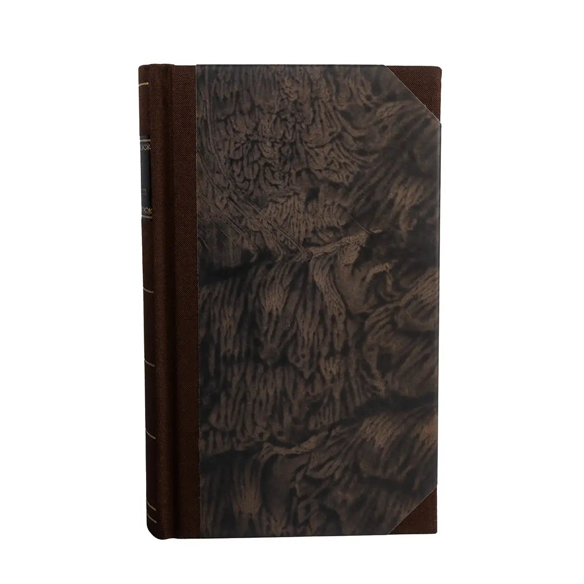 Brown clamshell book on a white background