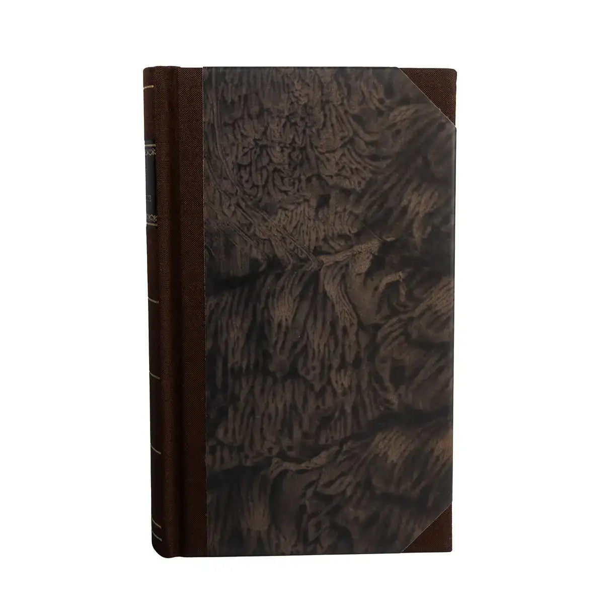 Brown clamshell book on a white background