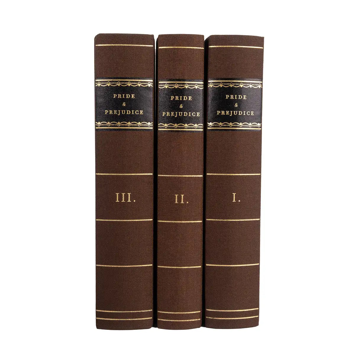 Three books titled 'Pride and Prejudice' with brown clamshell bindings on a white background
