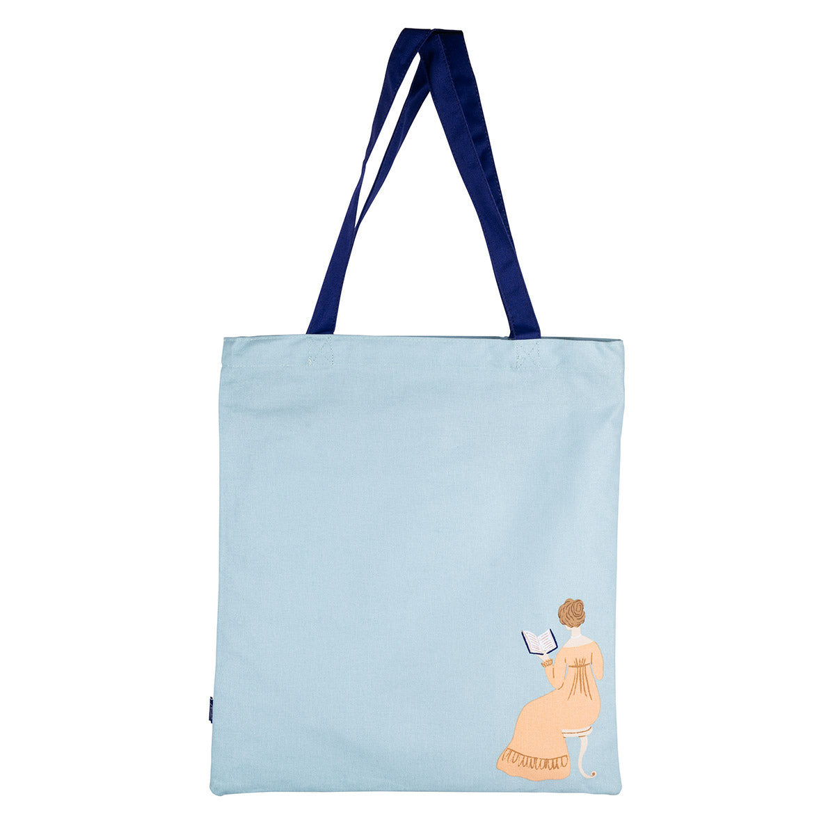 Back view of the Pride and Prejudice Tote Bag with duck egg blue base colour and decorative Regency design. 