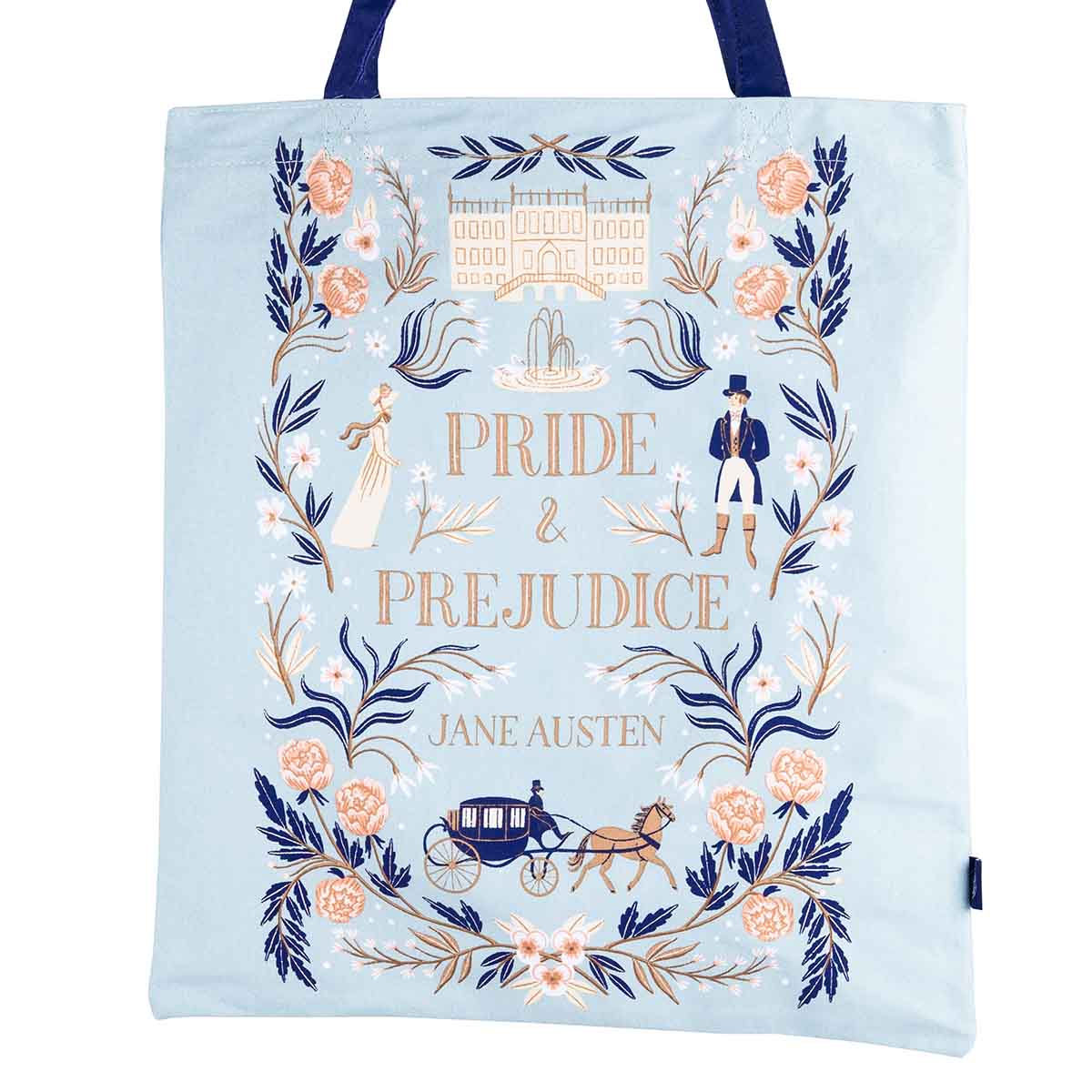 Pride and Prejudice Tote Bag with duck egg blue base colour and decorative Regency design. 
