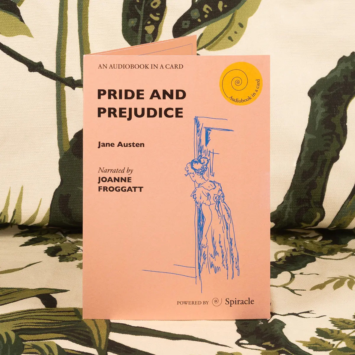 Pride and prejudice audibook card against a forest themed background