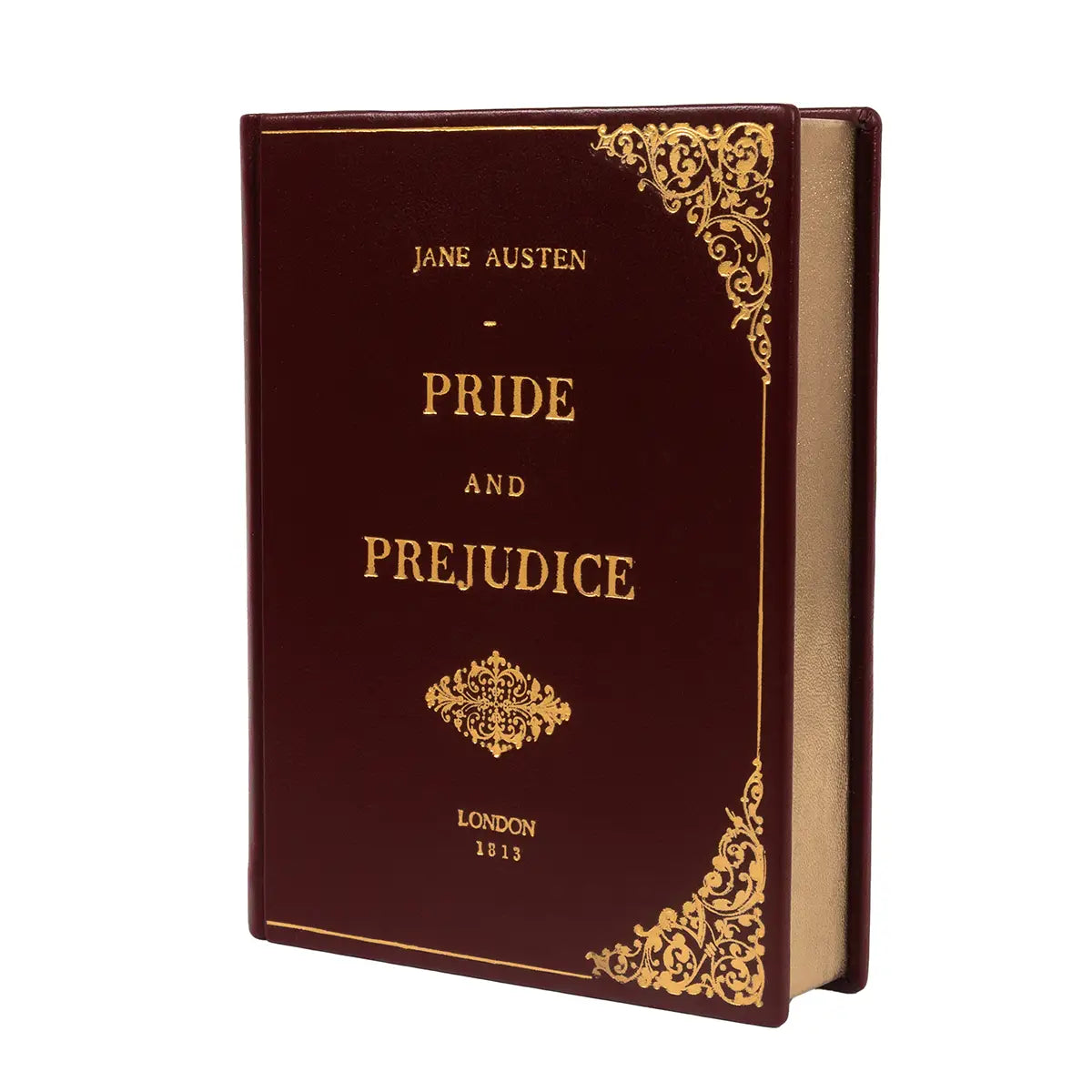 angled shot of Pride and Prejudice Book Clutch Bag Burgundy in a white void