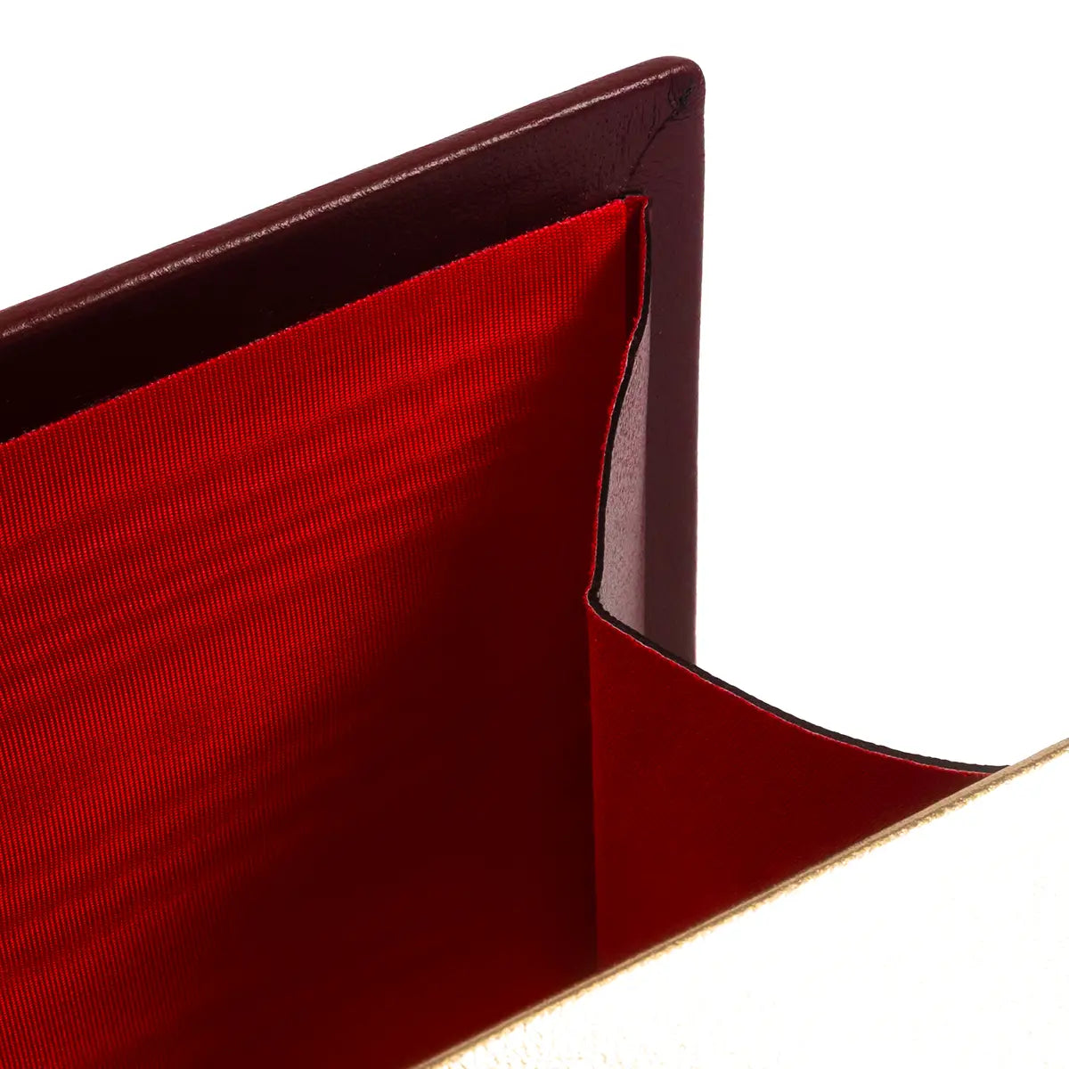 close up of red silk moire lining the inside of the pride and prejudice book clutch bag in burgundy