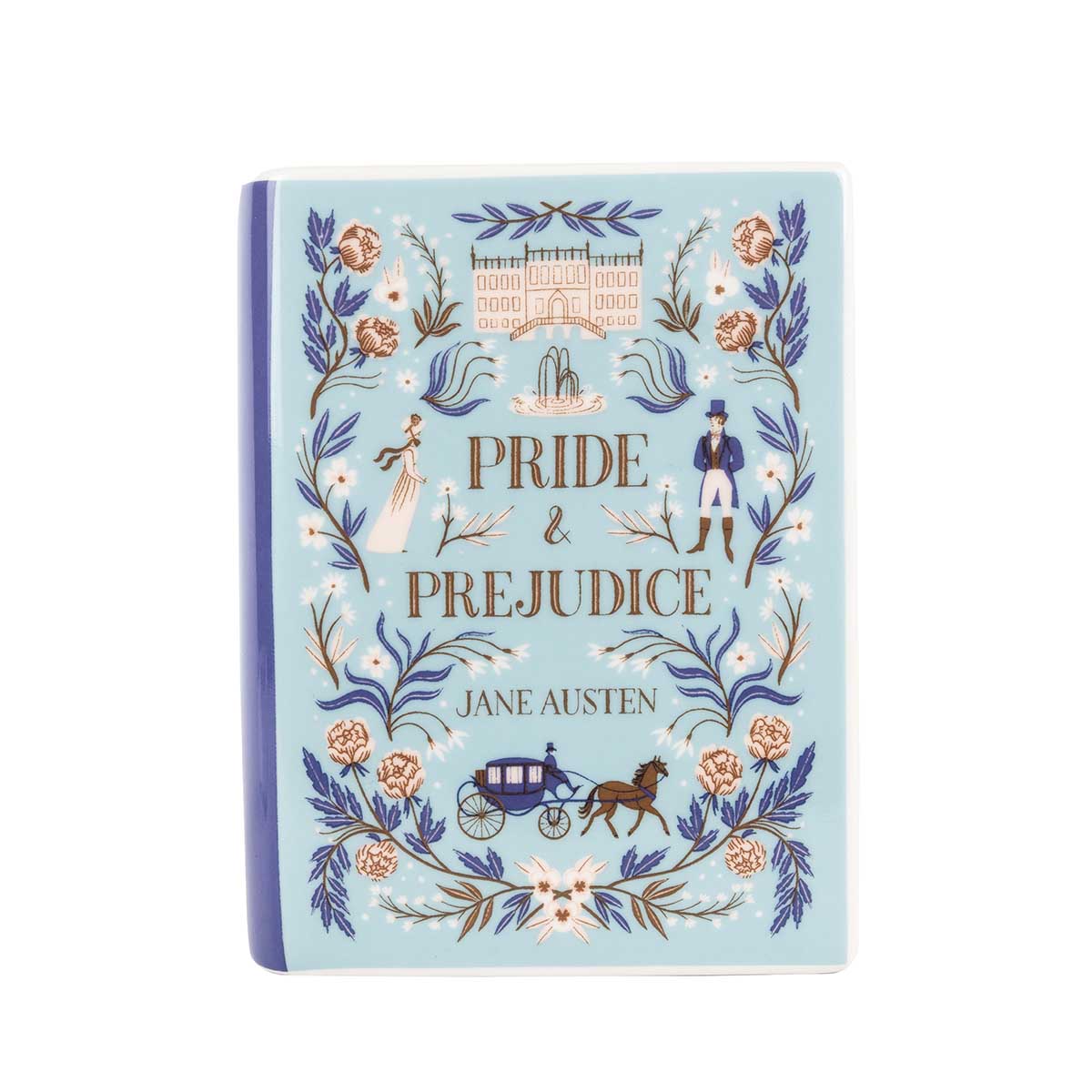 Vase reads Pride and Prejudice on the front, with the author's name underneath. The vase is a duck egg blue colour, decorated with floral patterns, as well as illustrations of Elizabeth Bennet, Mr. Darcy, a horse and carriage and Pemberley, with a fountain in front. 