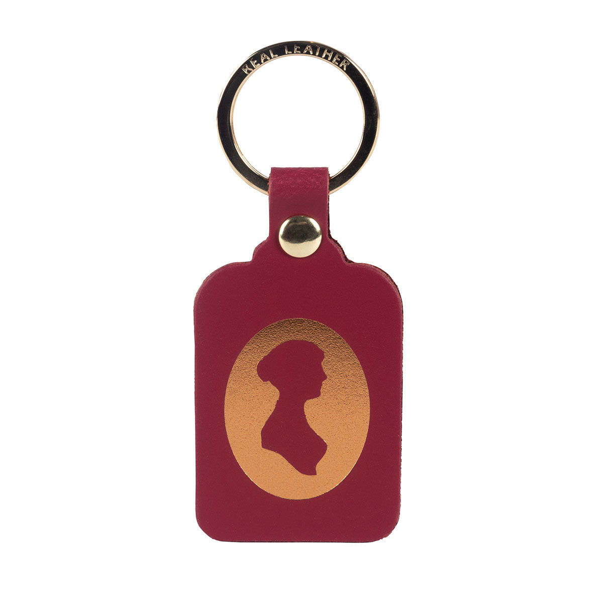 A magenta Leather Keyring with Gold embossed silhouette of Jane Austen