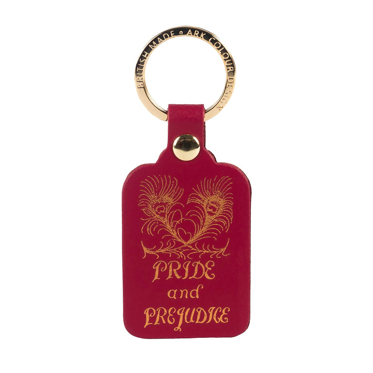 A magenta leather keyring with Pride and Prejudice embossed logo