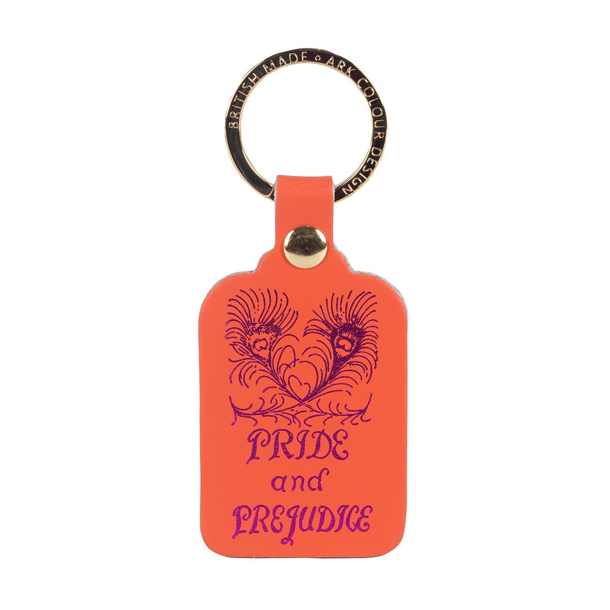 Leather Keyring in Coral colour with pink embossed Pride and Prejudice yext and Feathers