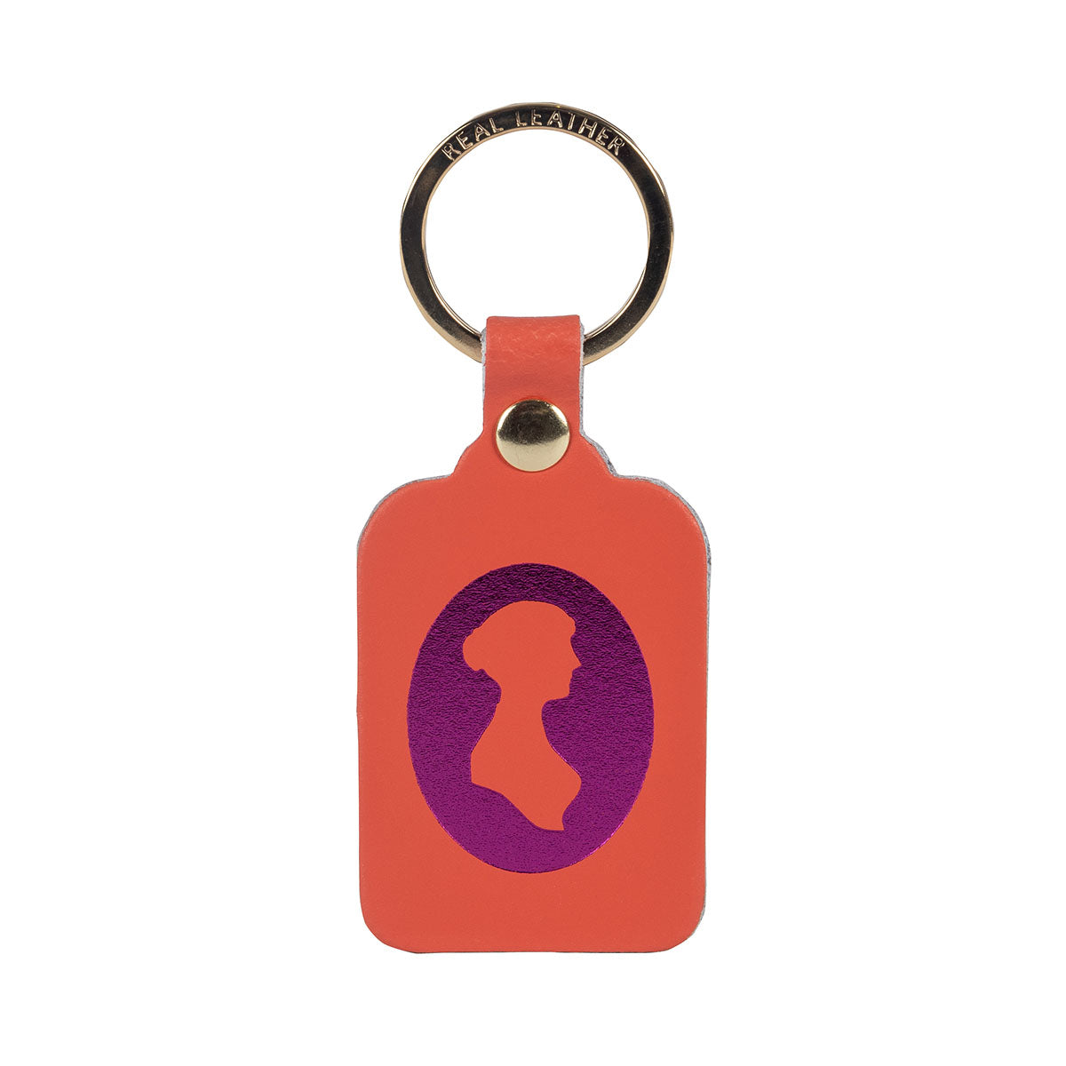 Leather Keyring in Coral colour with a pink embossed embossed silhouette of Jane Austen