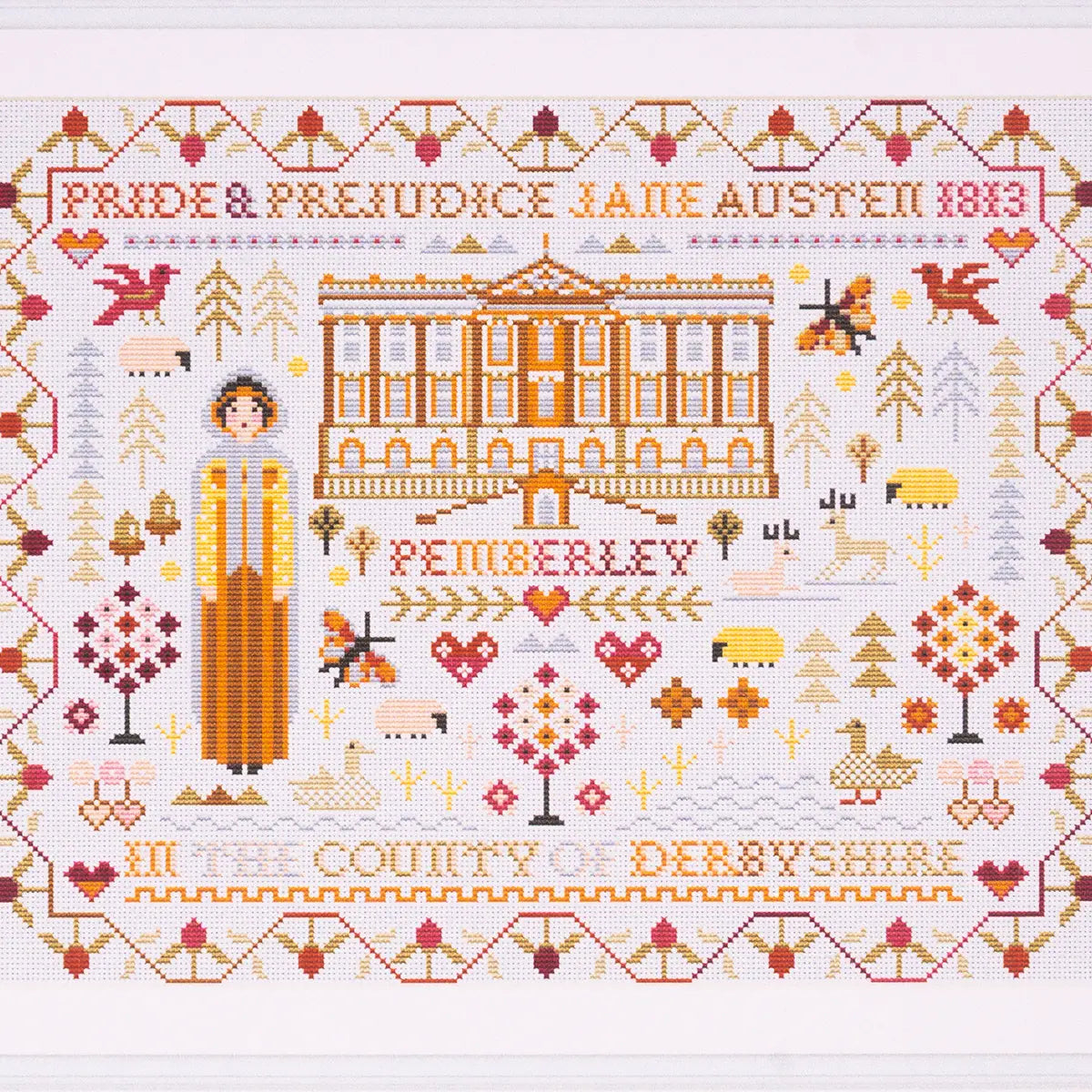 Pride and Prejudice cross stitch with Elizabeth Bennet and Pemberley