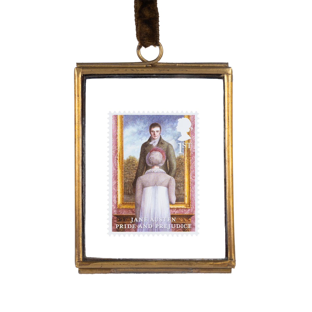 A framed limited edition commemorative stamp featuring Elizabeth Bennett and Mr. Darcy, from Jane Austen's novel Pride and Prejudice