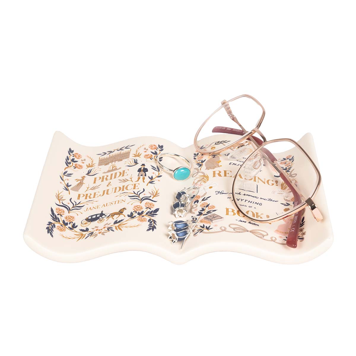 Pride and Prejudice Trinket Dish holding jewellery and glasses