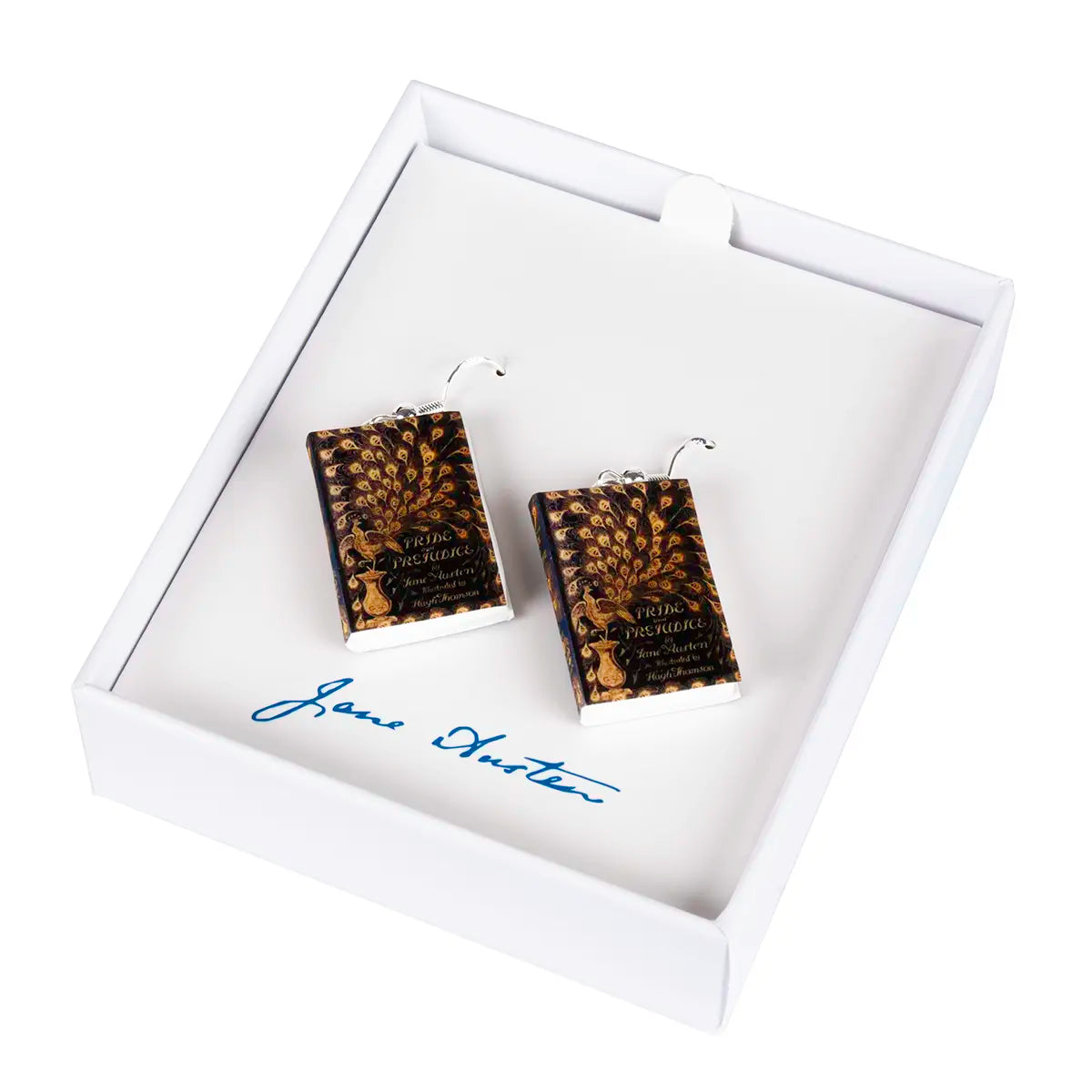 Book-shaped earrings in a white box with 'Jane Austen' branding.