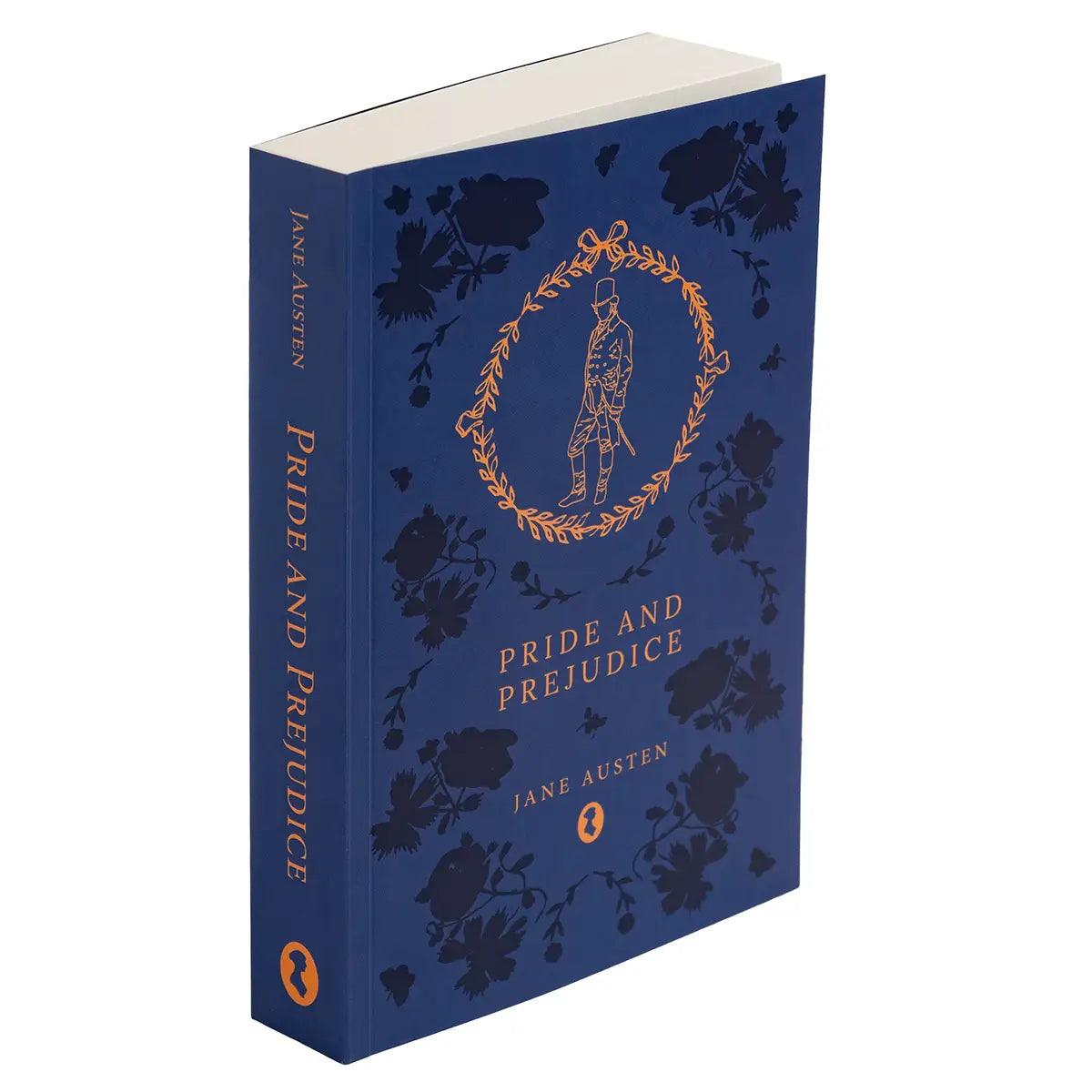 Angled shot of Jane Austen Centre edition of Pride and Prejudice by Jane Austen, with blue cover and gold details, against a white background