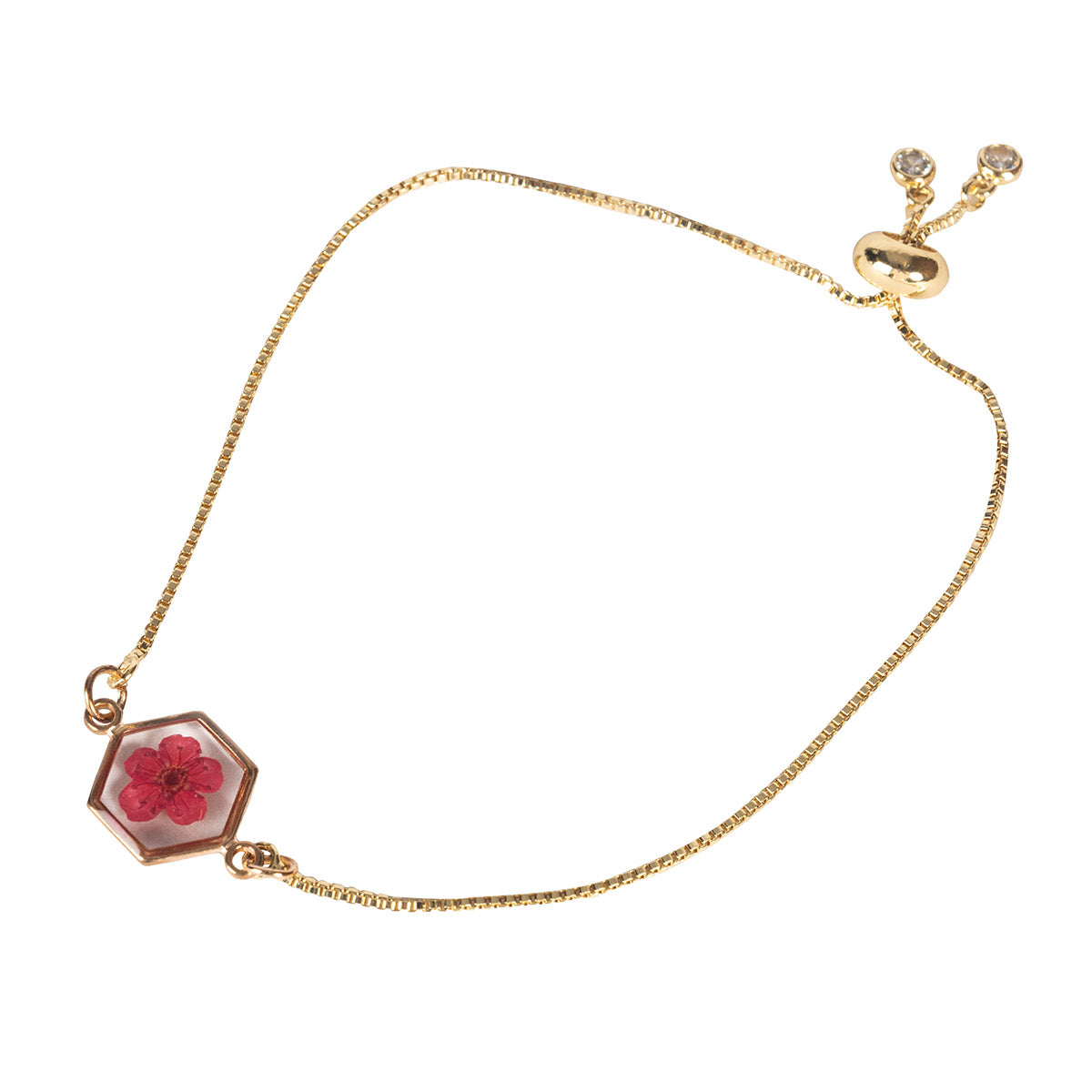 Red Flower Bracelet with gold chain and hexagon shaped frame with a red pressed flower set in resin