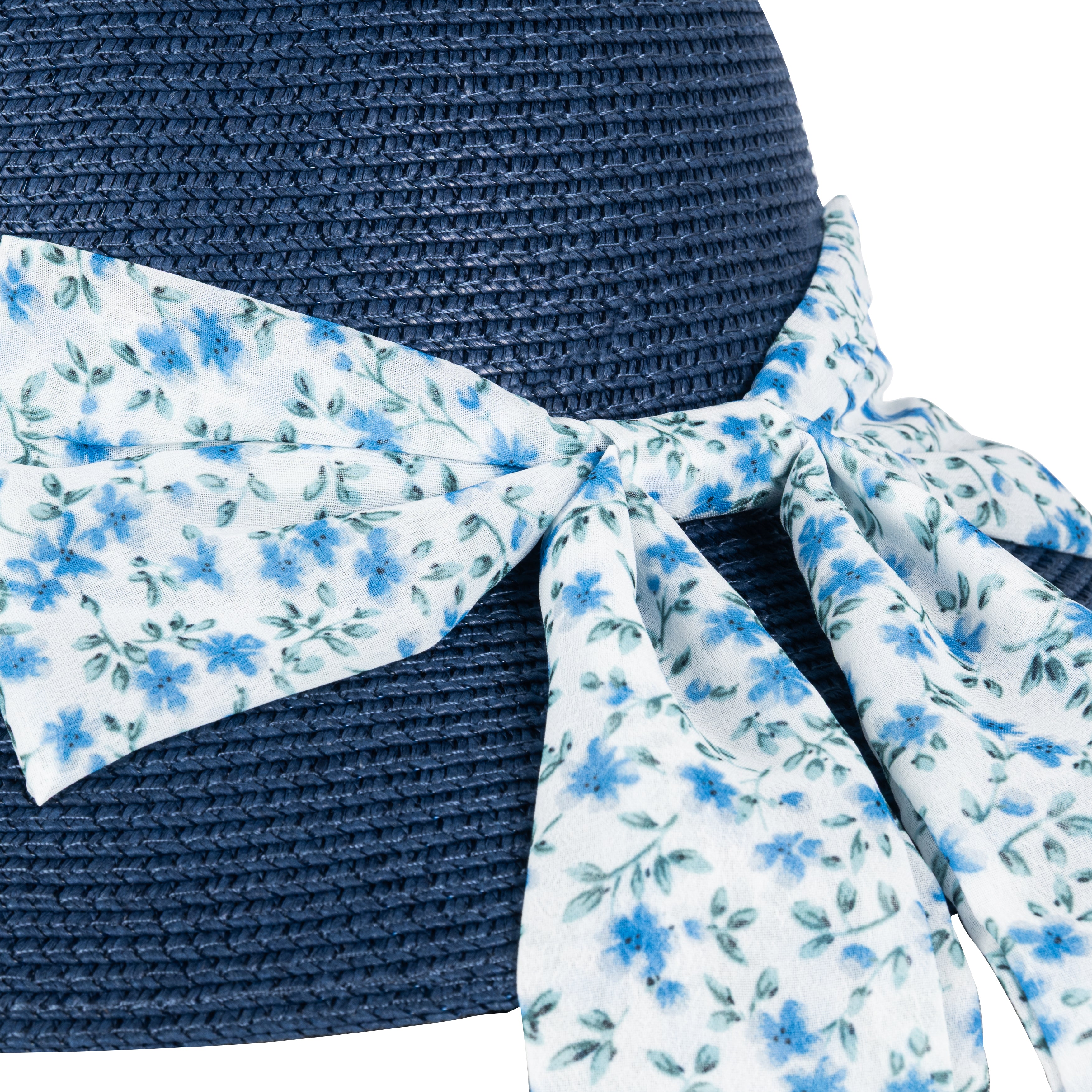 Closeup view of blue coloured Regency bonnet with daisy ribbon and bow