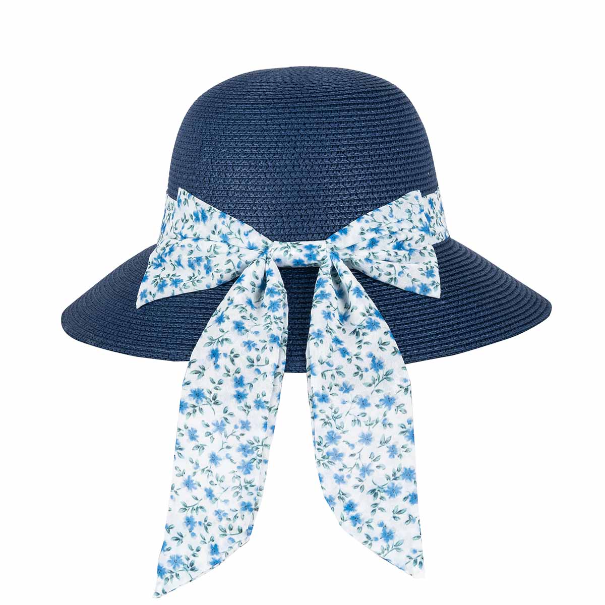 Back view of blue coloured Regency bonnet with daisy ribbon and bow