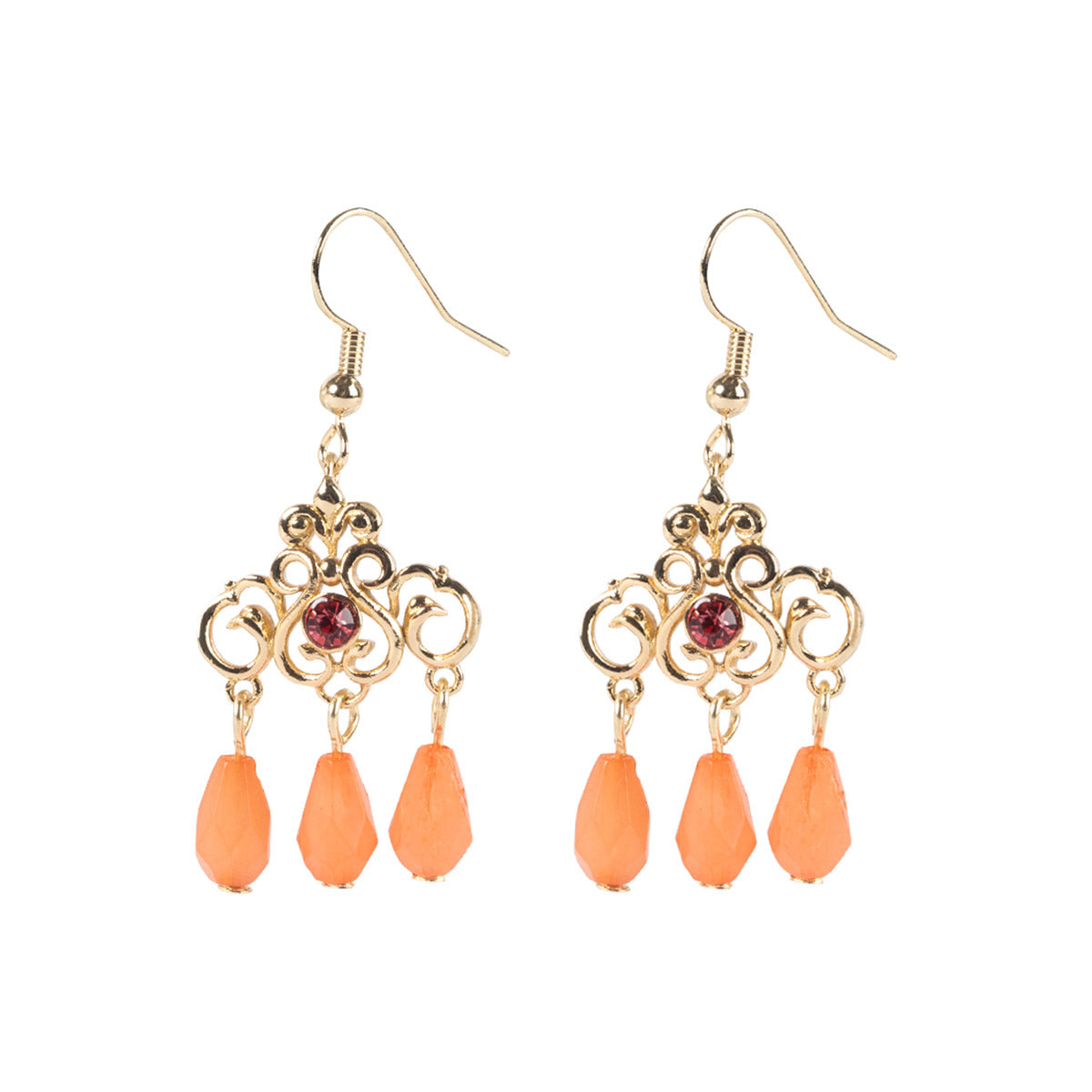 Gold-enamelled Regency Coral Drop Earrings with three coral droplets and a red gemstone in the centre of each earring.
