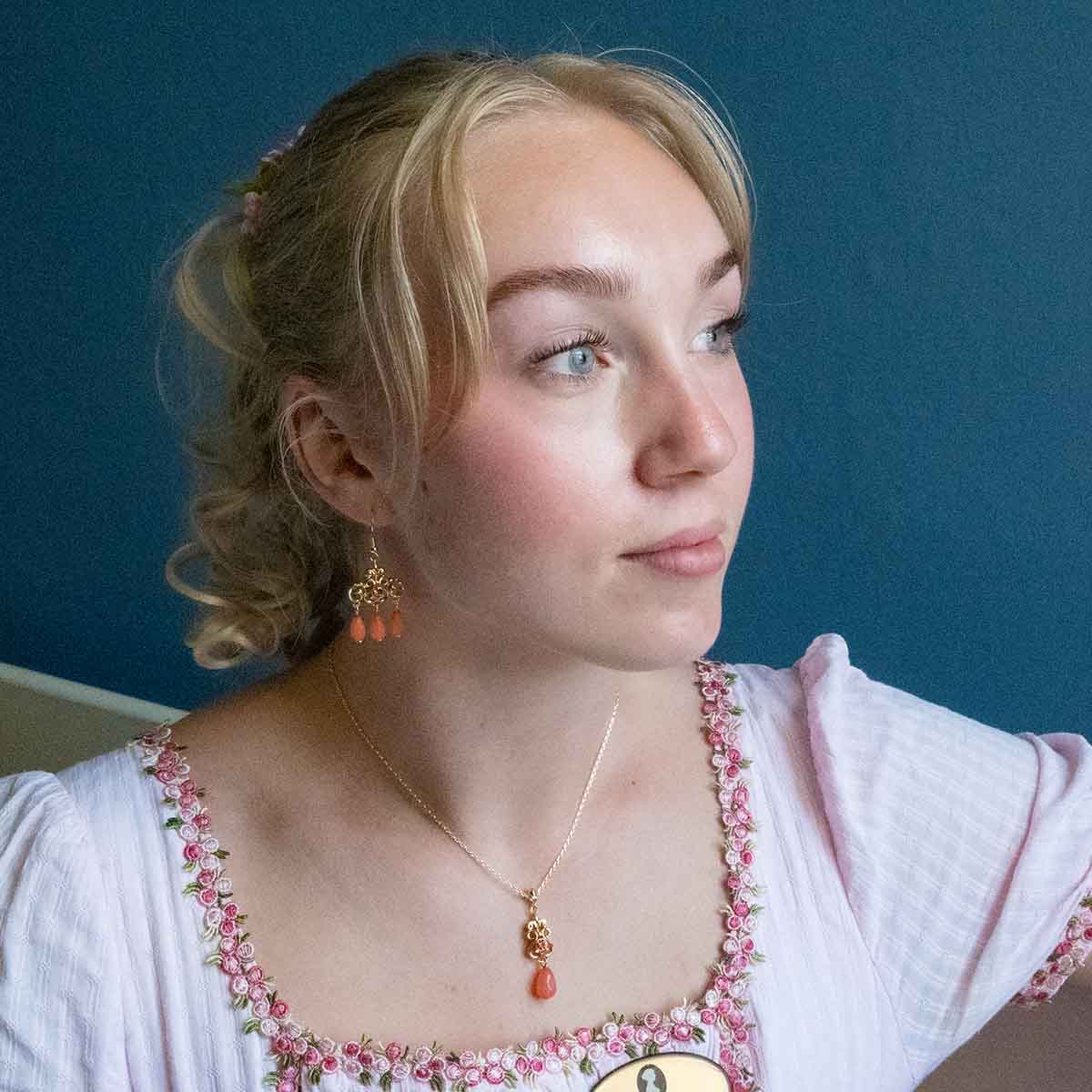 (2) Emma Woodhouse in the Jane Austen Centre modelling the Regency Coral Necklace and Earrings.