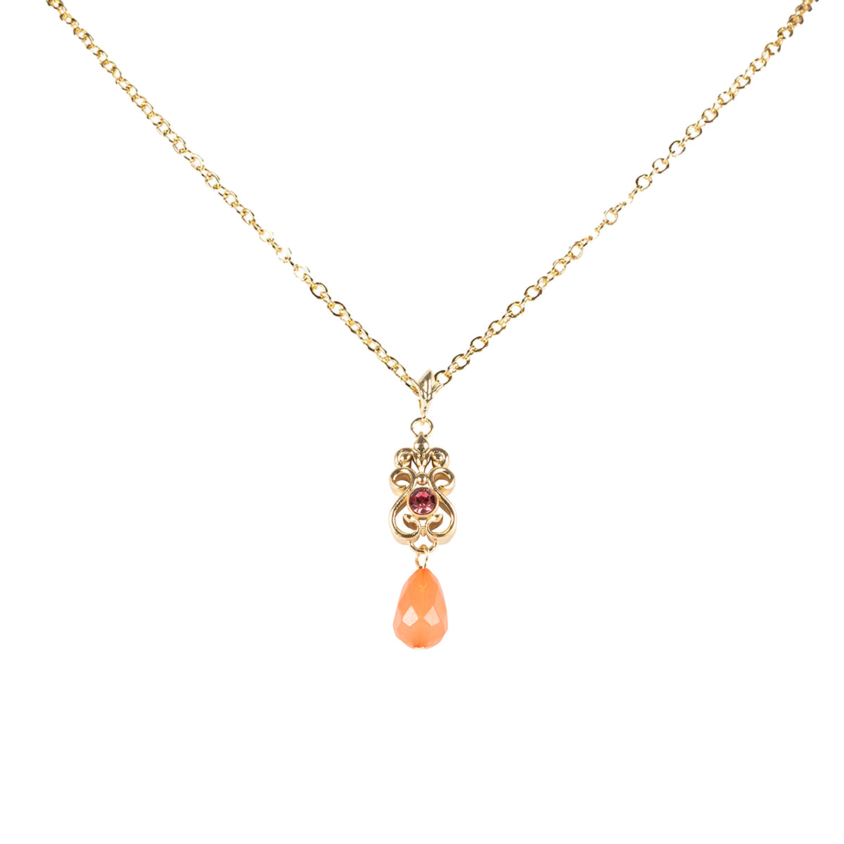 Front view of the necklace. Golden with a red gemstone in the centre, with a coral drop down.