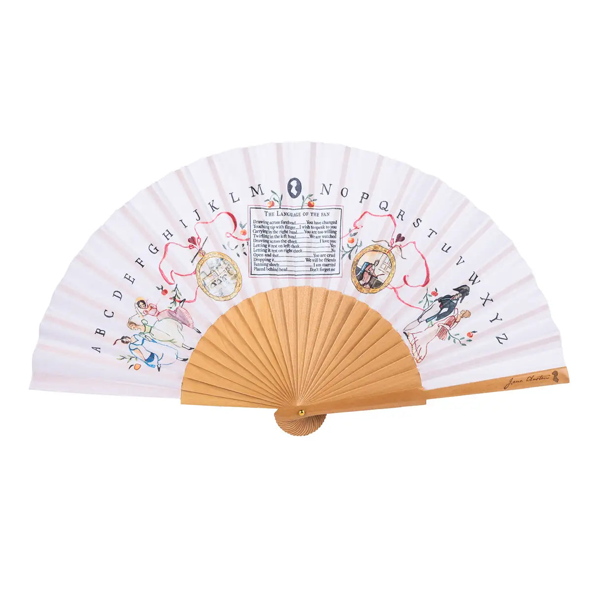 The design features illustrated Regency figures, the alphabet delicately arching above