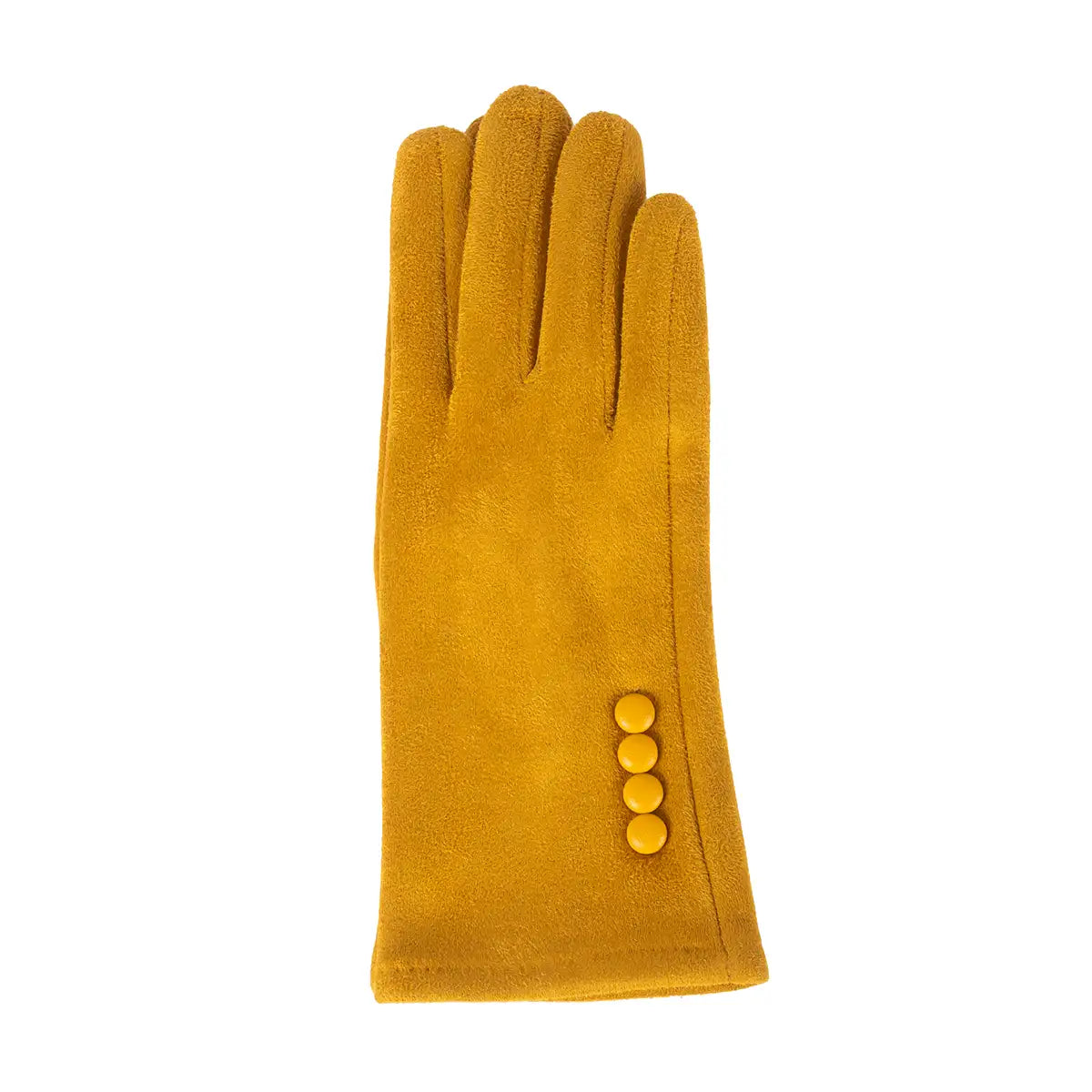 Mustard yellow glove with four buttons on a white background