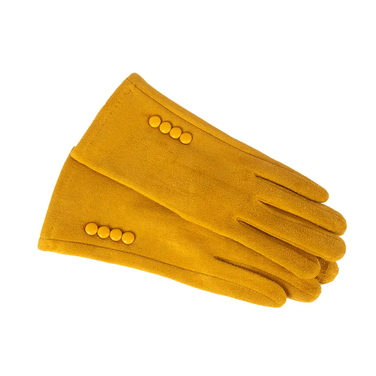 Pair of mustard yellow gloves with button details on a white background