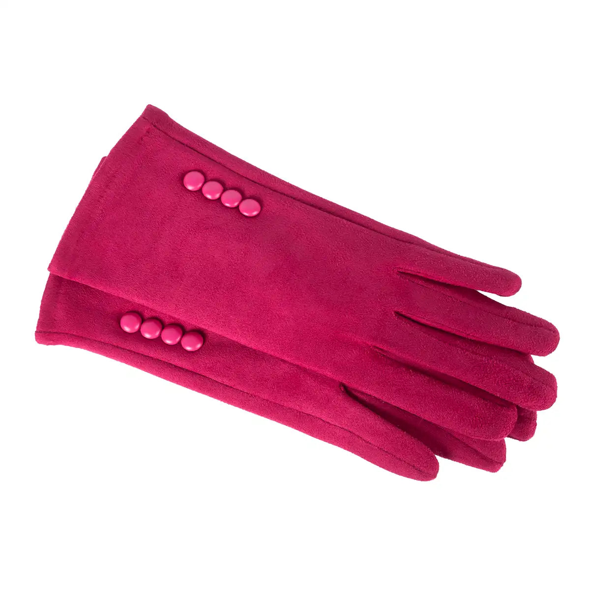 Pair of pink gloves with button details on a white background