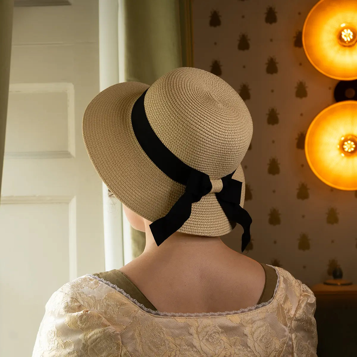 shot from behind of Regency Bonnet Style Sun Hat