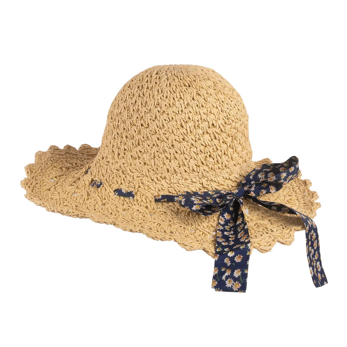 side shot of crochet bonnet against white background